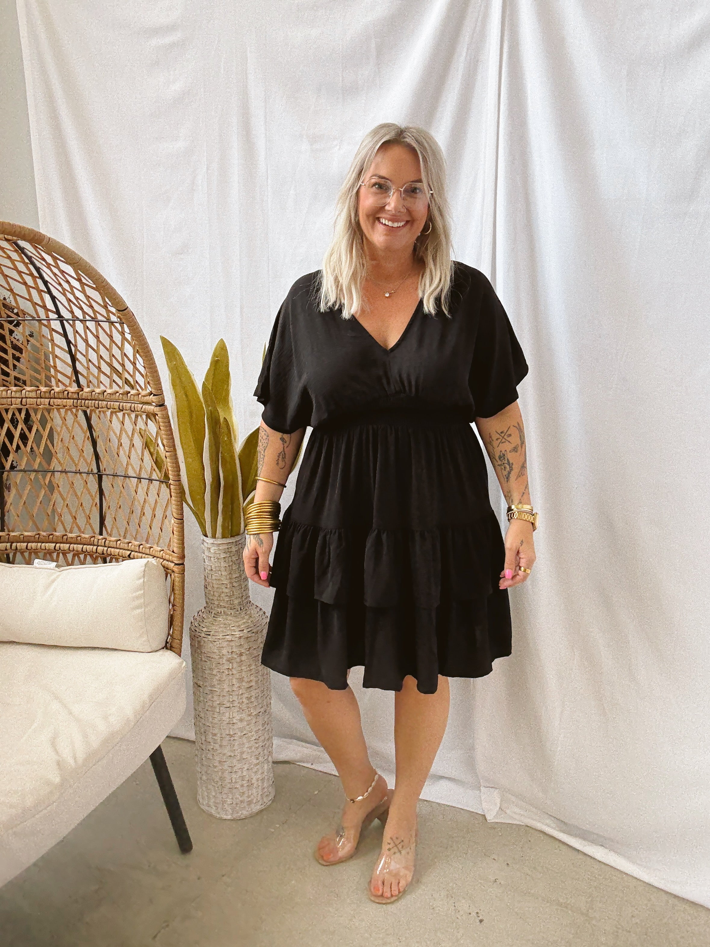 Tiered Midi Dress-Black-Dresses-she and sky-The Silo Boutique, Women's Fashion Boutique Located in Warren and Grand Forks North Dakota