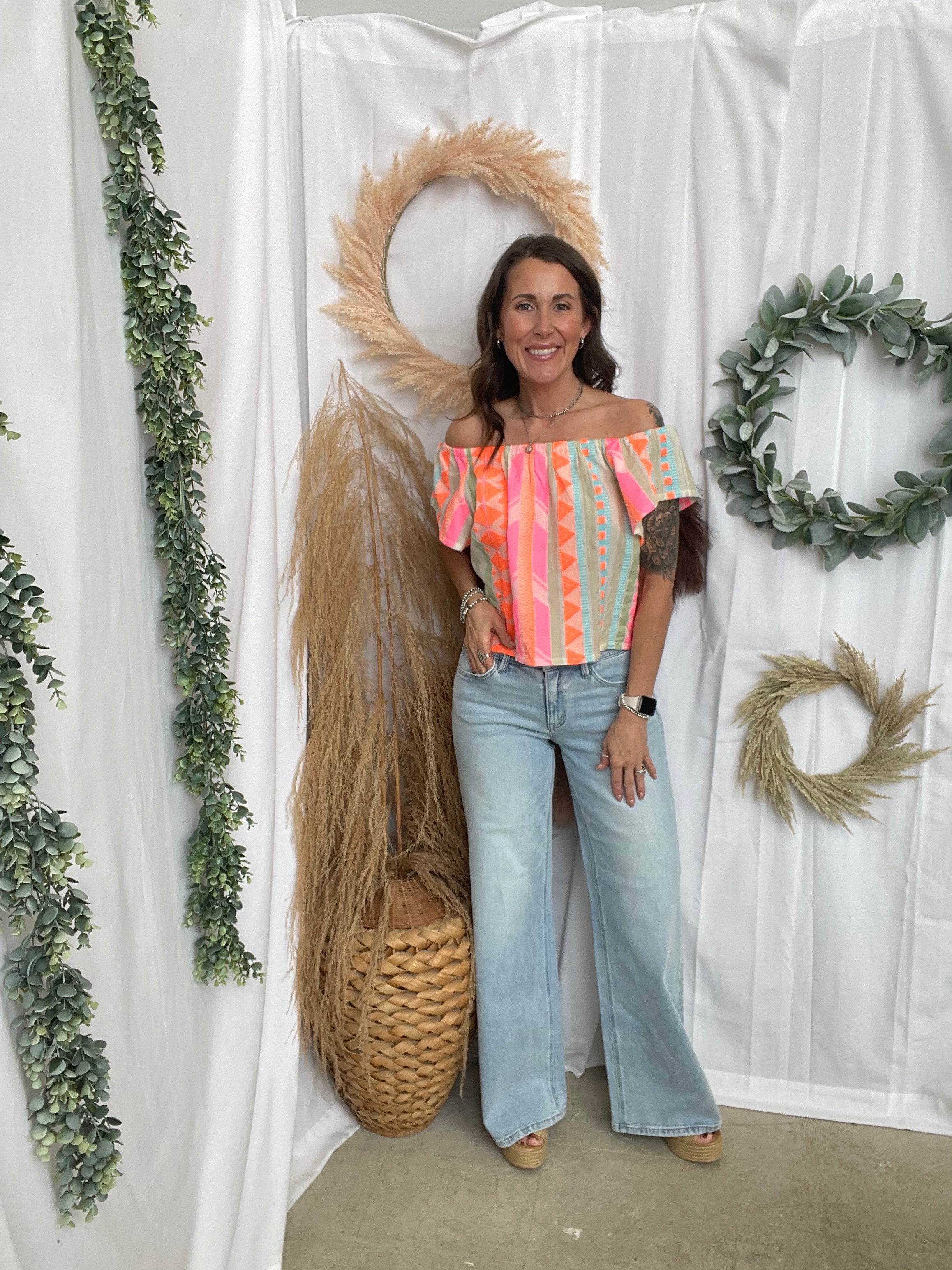 Elan Neon Aztec Off Shoulder Top-Short Sleeve Tops-elan-The Silo Boutique, Women's Fashion Boutique Located in Warren and Grand Forks North Dakota