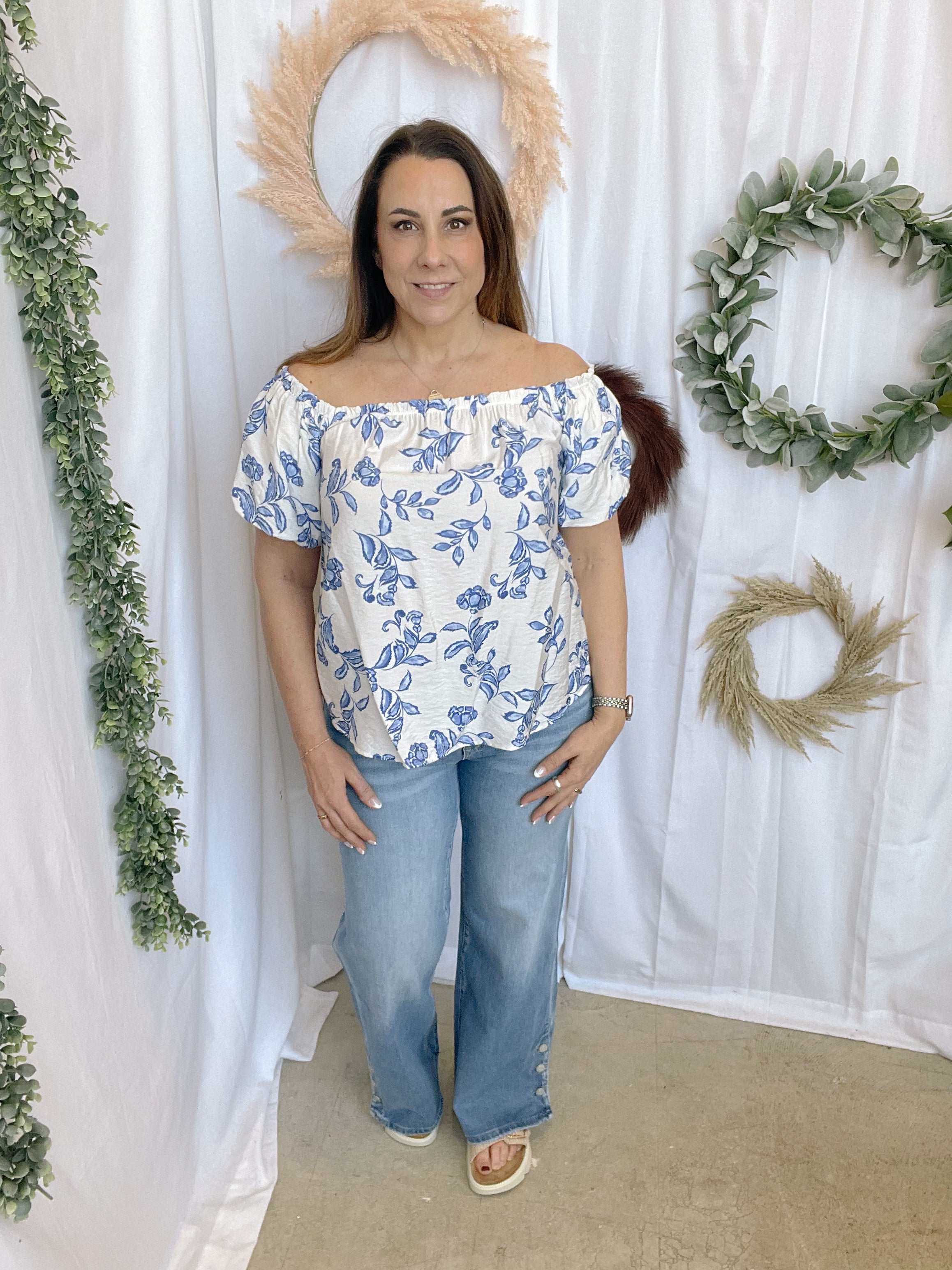 Blue Floral Off the Shoulder Top-Short Sleeve Tops-les amis-The Silo Boutique, Women's Fashion Boutique Located in Warren and Grand Forks North Dakota