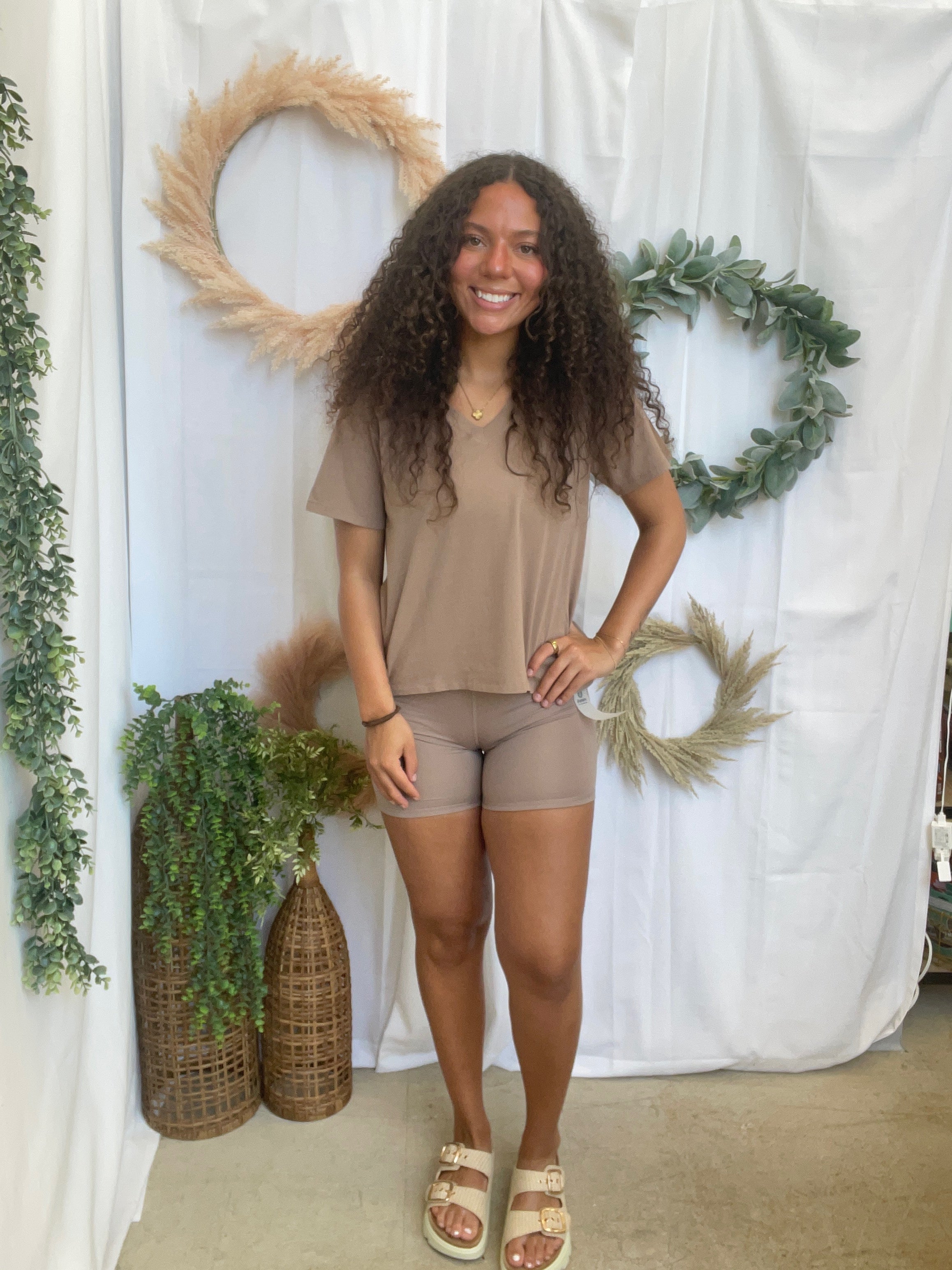 Mono B Pima V Neck Top-Taupe-Short Sleeve Tops-mono b-The Silo Boutique, Women's Fashion Boutique Located in Warren and Grand Forks North Dakota