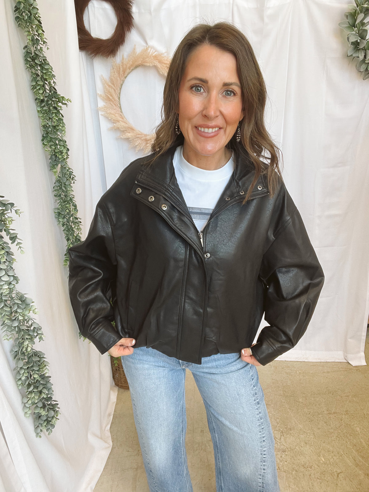 Faux Leather Bomber Jacket-Black-Coats & Jackets-blu pepper-The Silo Boutique, Women's Fashion Boutique Located in Warren and Grand Forks North Dakota