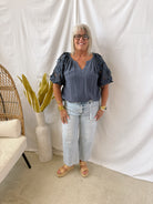 Linen and Lace Top-Navy-Short Sleeve Tops-Umgee-The Silo Boutique, Women's Fashion Boutique Located in Warren and Grand Forks North Dakota