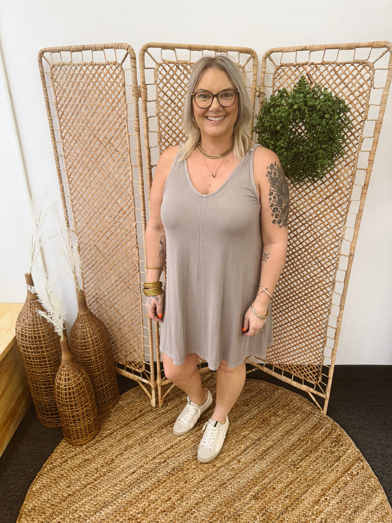 Grey Brown Be Cool V Neck Tank Dress-Dress-be cool-The Silo Boutique, Women's Fashion Boutique Located in Warren and Grand Forks North Dakota