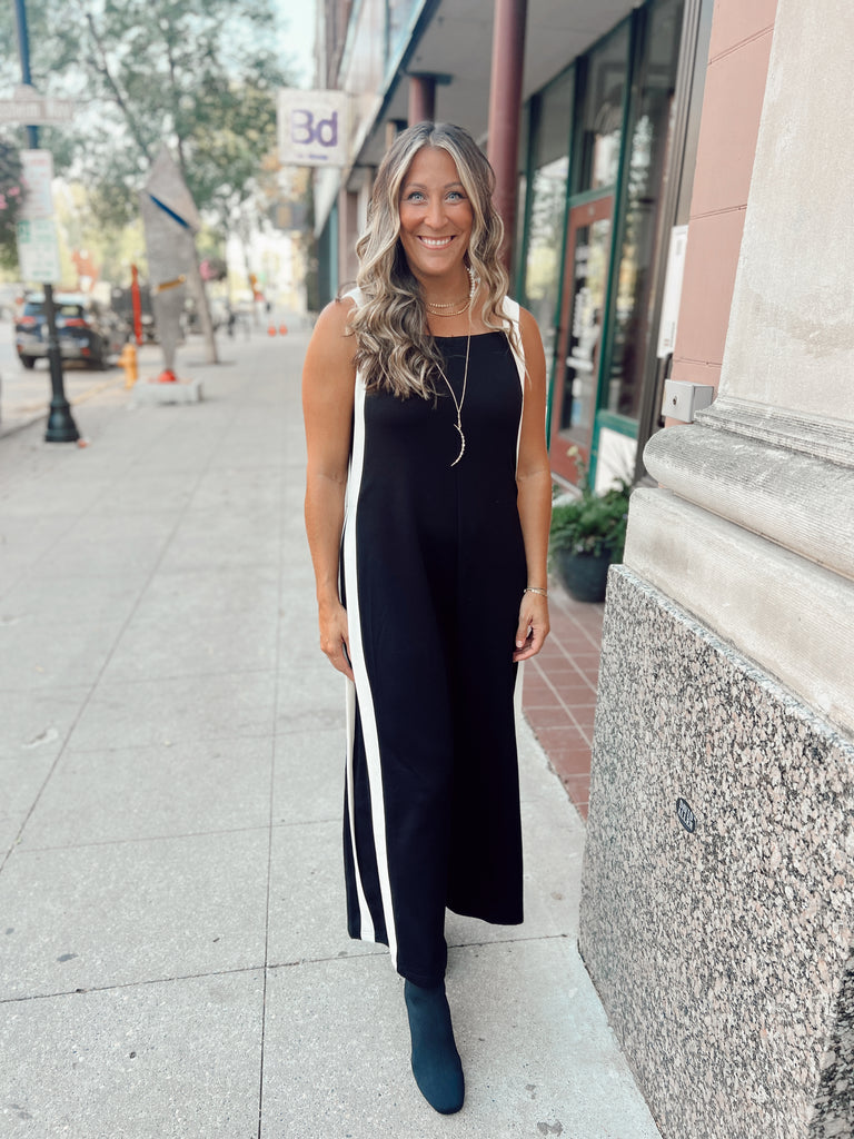Black and Cream Jumpsuit-Jumpsuits & Rompers-before you-The Silo Boutique, Women's Fashion Boutique Located in Warren and Grand Forks North Dakota