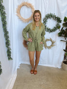 Olive Tie Waist Romper-Jumpsuits & Rompers-bucketlist-The Silo Boutique, Women's Fashion Boutique Located in Warren and Grand Forks North Dakota