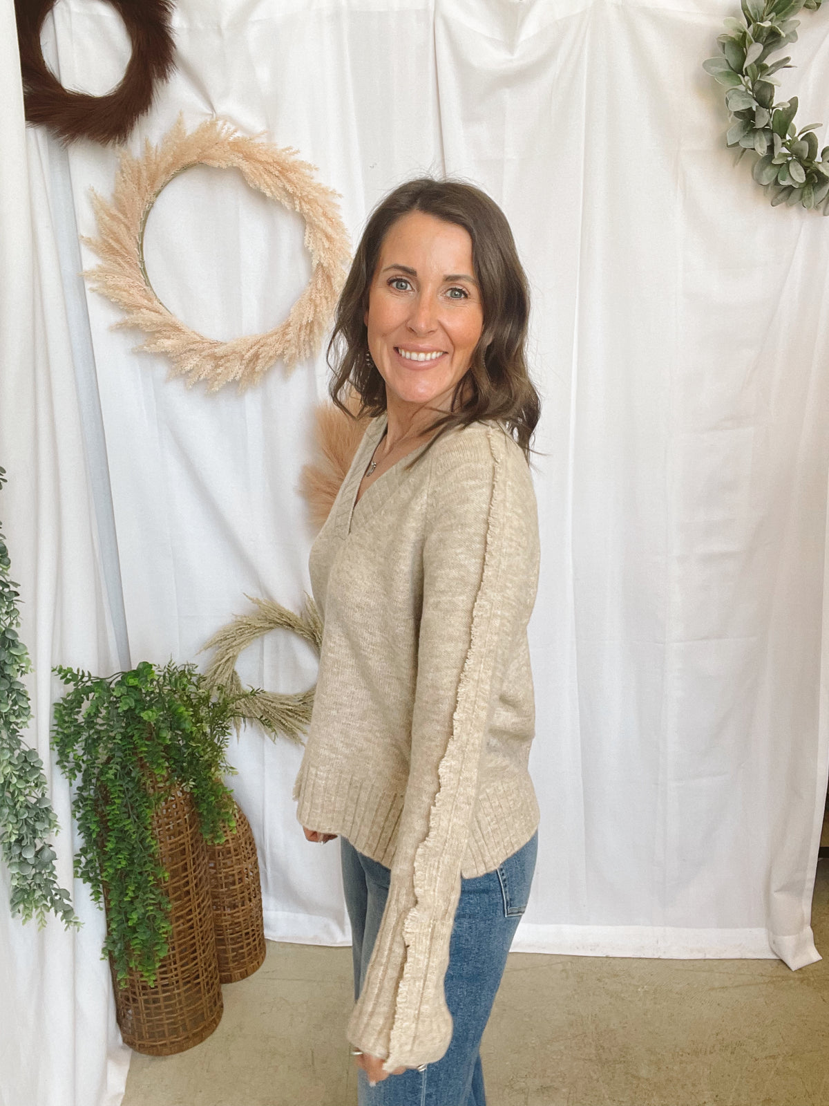 Elan Falling V Neck Sweater-Stone-Sweaters-elan-The Silo Boutique, Women's Fashion Boutique Located in Warren and Grand Forks North Dakota