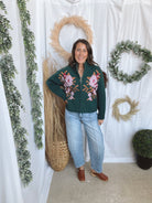 Teal Floral Zip Sweater-Sweaters-&merci-The Silo Boutique, Women's Fashion Boutique Located in Warren and Grand Forks North Dakota