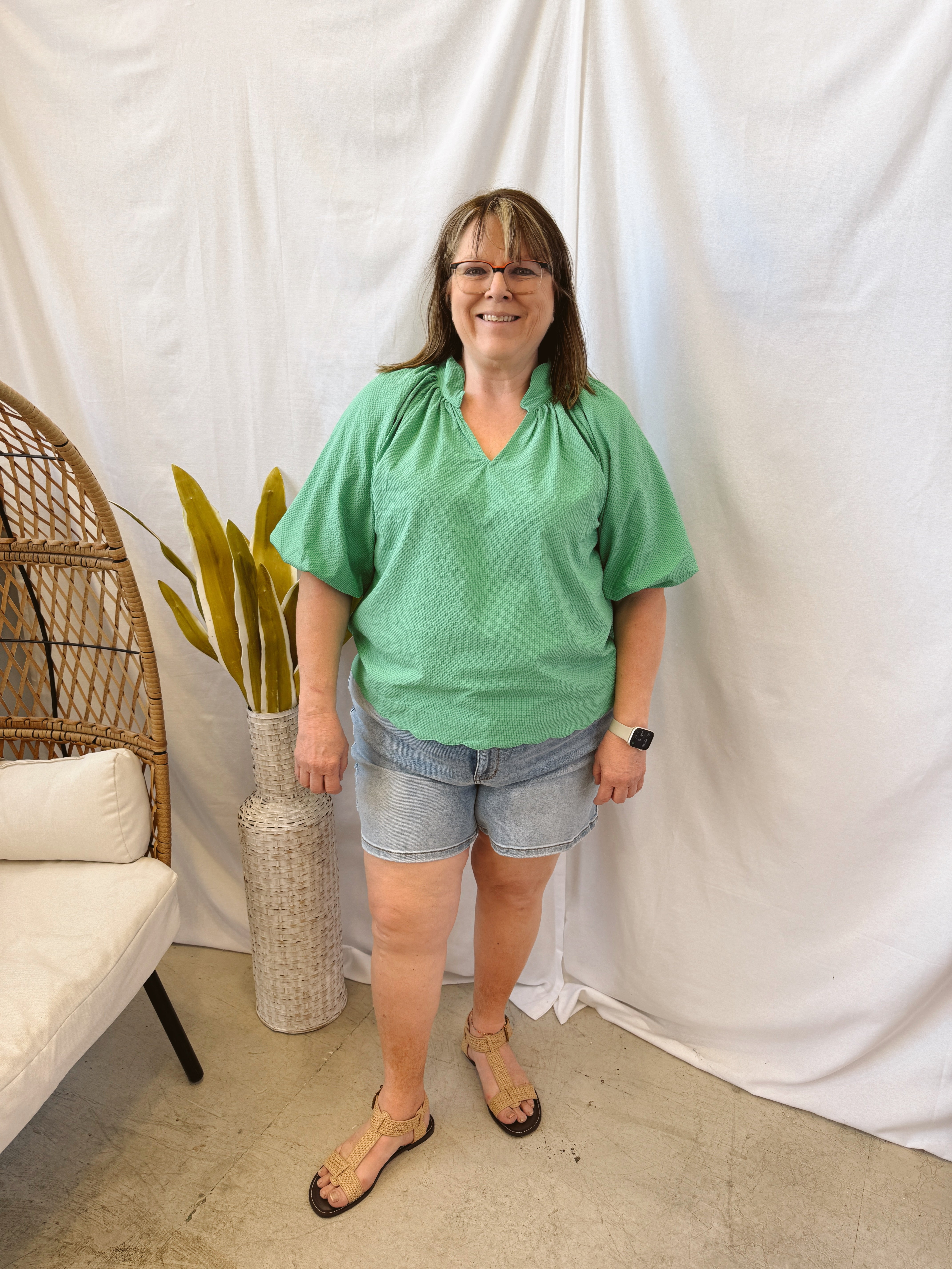 Bubble Sleeved Seersucker Top-Green-Short Sleeve Tops-Umgee-The Silo Boutique, Women's Fashion Boutique Located in Warren and Grand Forks North Dakota