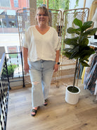 Zen V Neck Seam Top-White-Short Sleeve Tops-Zenana-The Silo Boutique, Women's Fashion Boutique Located in Warren and Grand Forks North Dakota