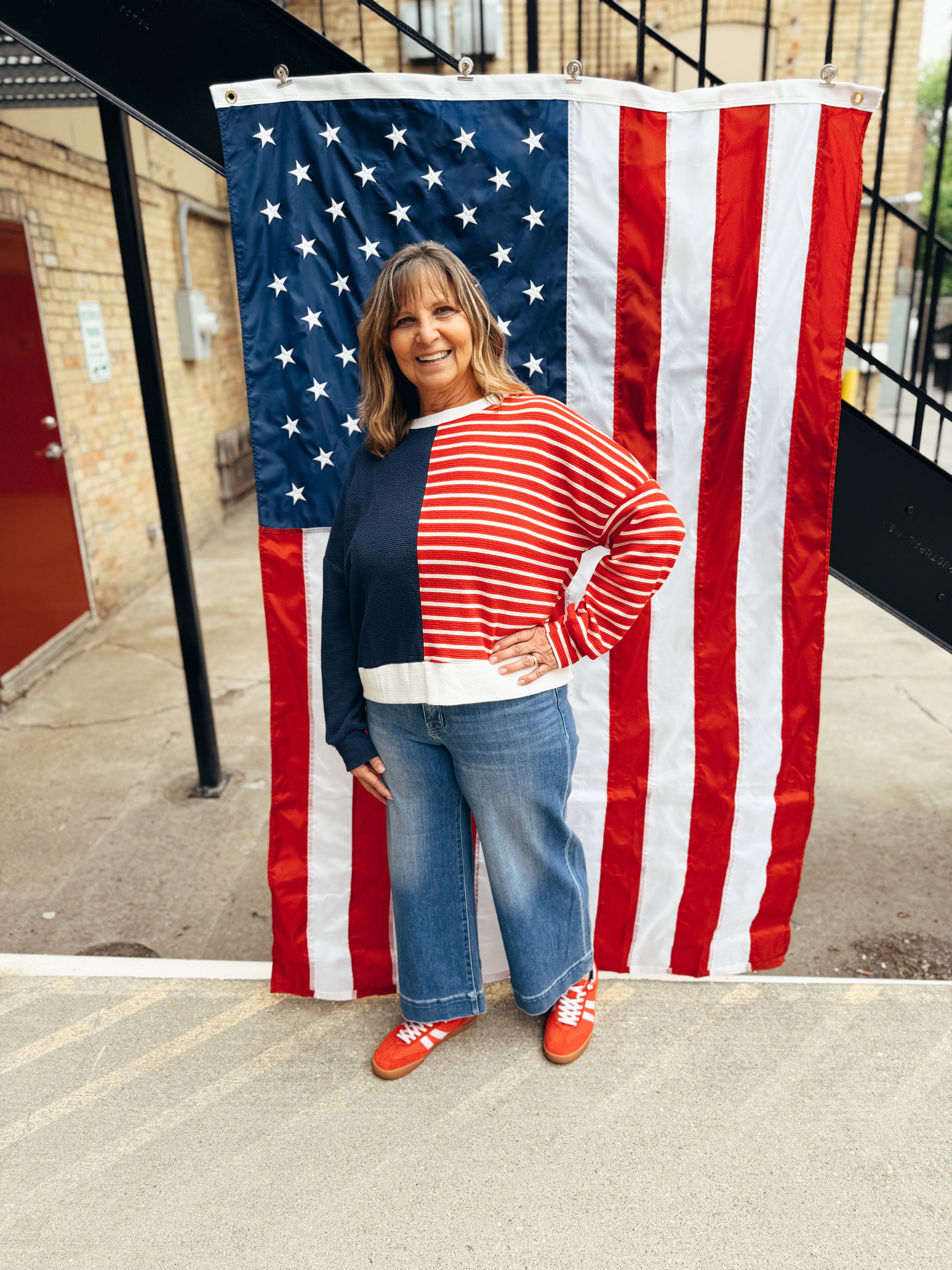 Cloudy Knit America Sweatshirt-Sweatshirts-tres bien-The Silo Boutique, Women's Fashion Boutique Located in Warren and Grand Forks North Dakota