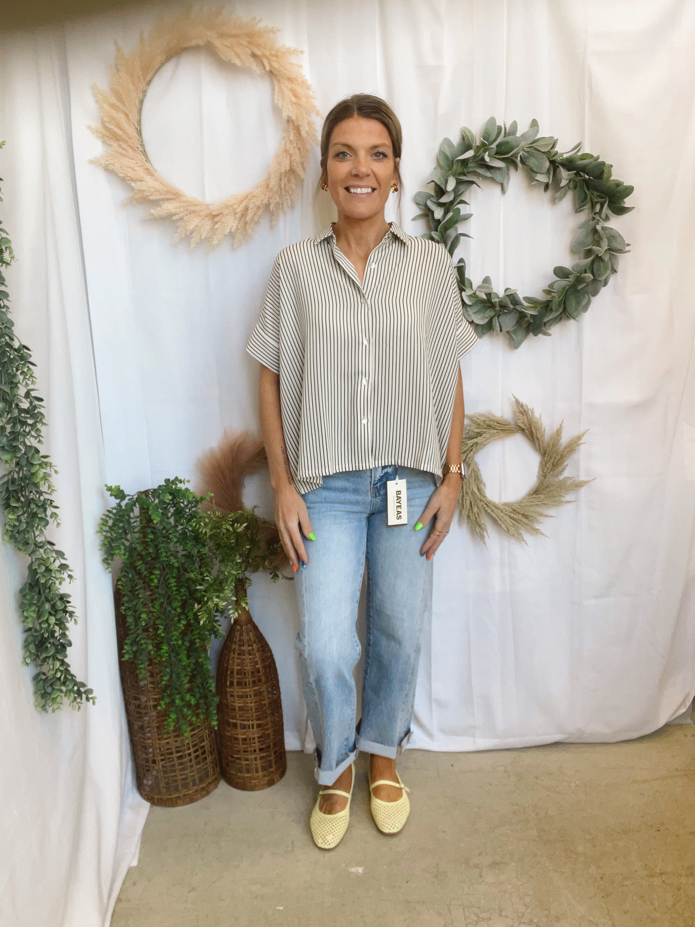 Steph Striped Button Down Top-Short Sleeve Tops-fun2fun-The Silo Boutique, Women's Fashion Boutique Located in Warren and Grand Forks North Dakota