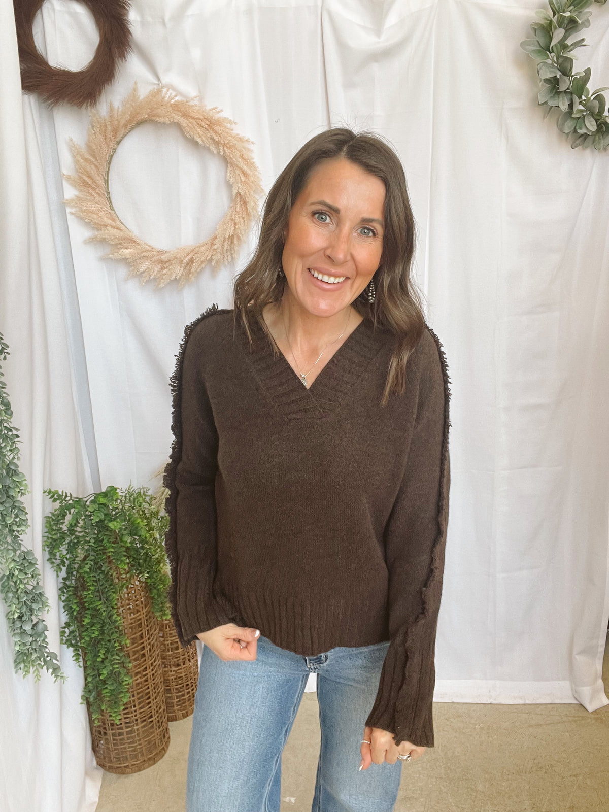 Elan Falling V Neck Sweater-Brown-Sweaters-elan-The Silo Boutique, Women's Fashion Boutique Located in Warren and Grand Forks North Dakota