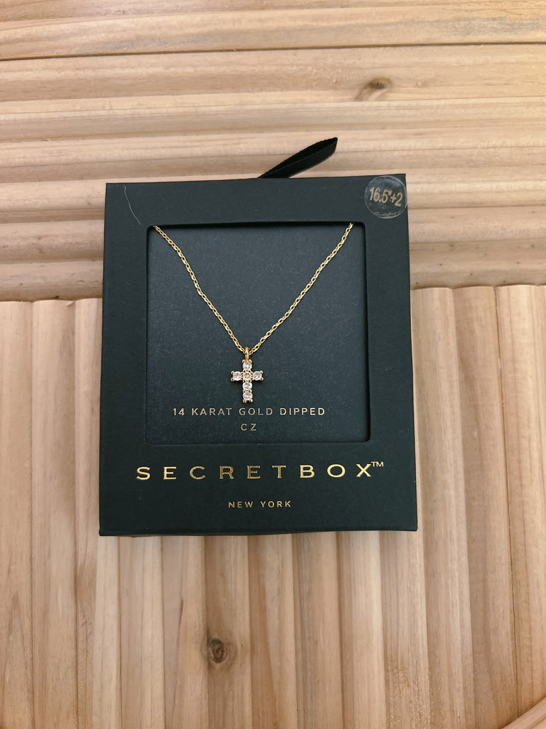 Secret Box Cross Rhinestone Necklace-Necklaces-Fame-The Silo Boutique, Women's Fashion Boutique Located in Warren and Grand Forks North Dakota
