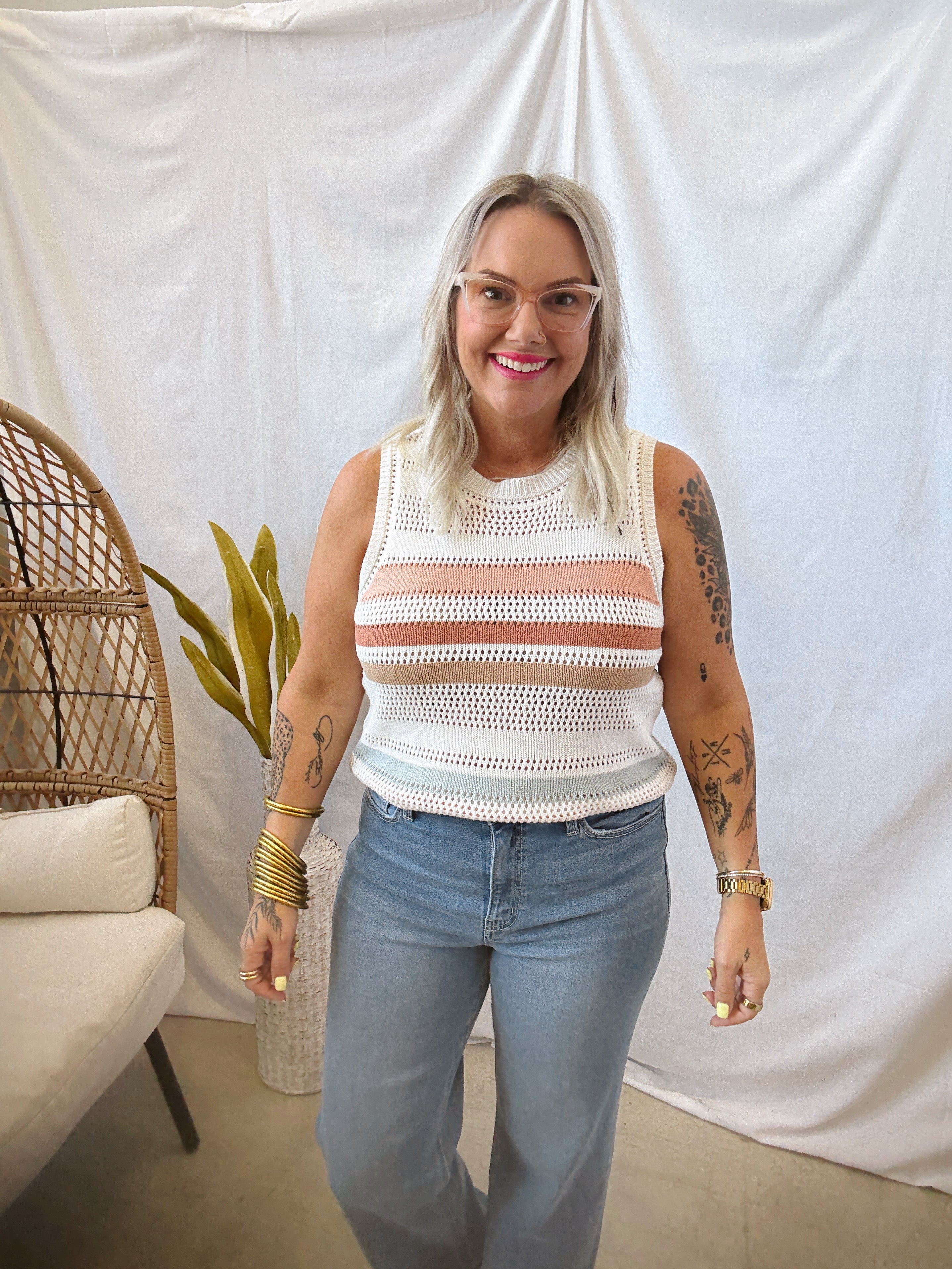 Mocha Mix Striped Crochet Tank Top-Short Sleeve Tops-staccato-The Silo Boutique, Women's Fashion Boutique Located in Warren and Grand Forks North Dakota