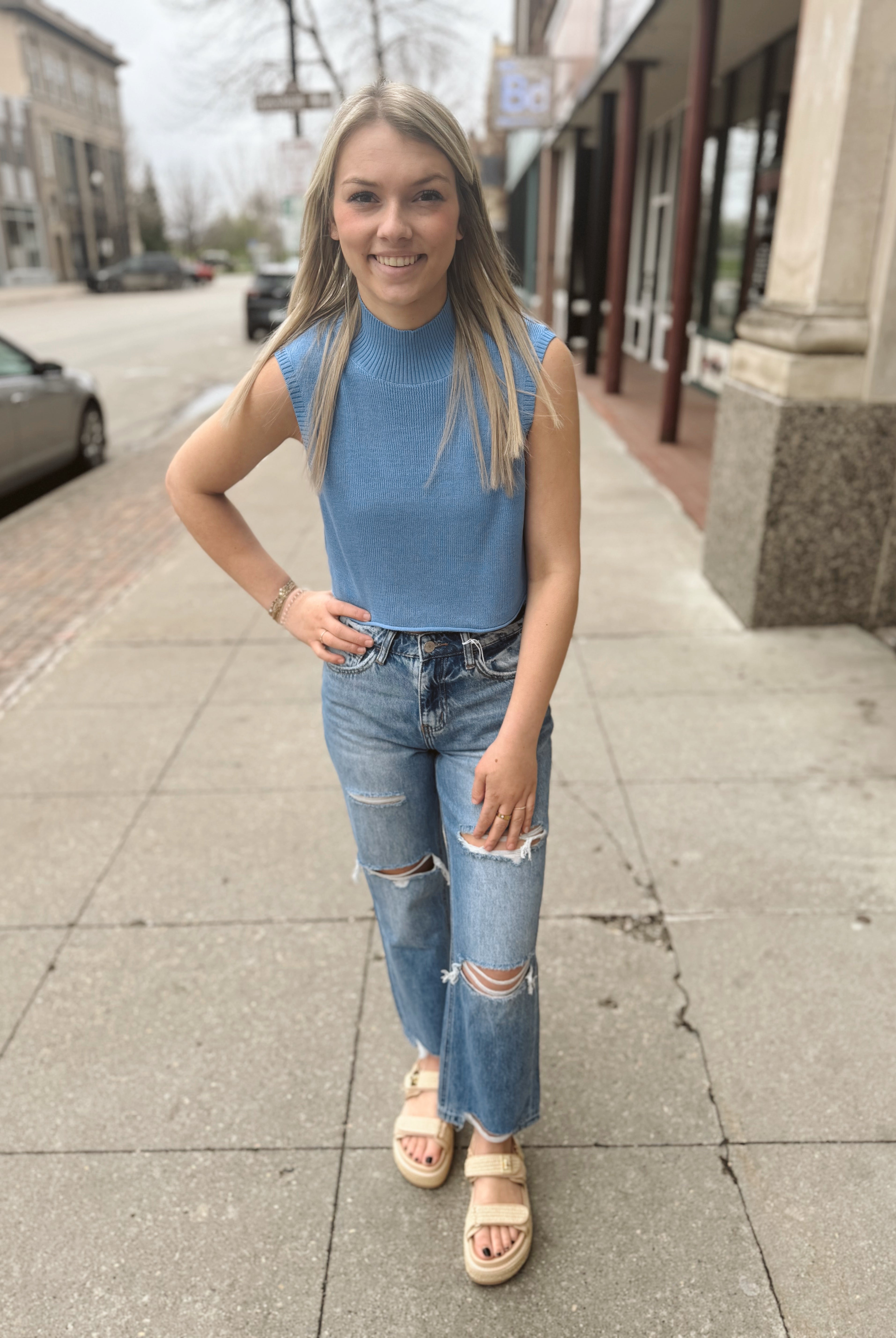 Sea Blue Cassia Knit Top-Tank Tops-by together-The Silo Boutique, Women's Fashion Boutique Located in Warren and Grand Forks North Dakota