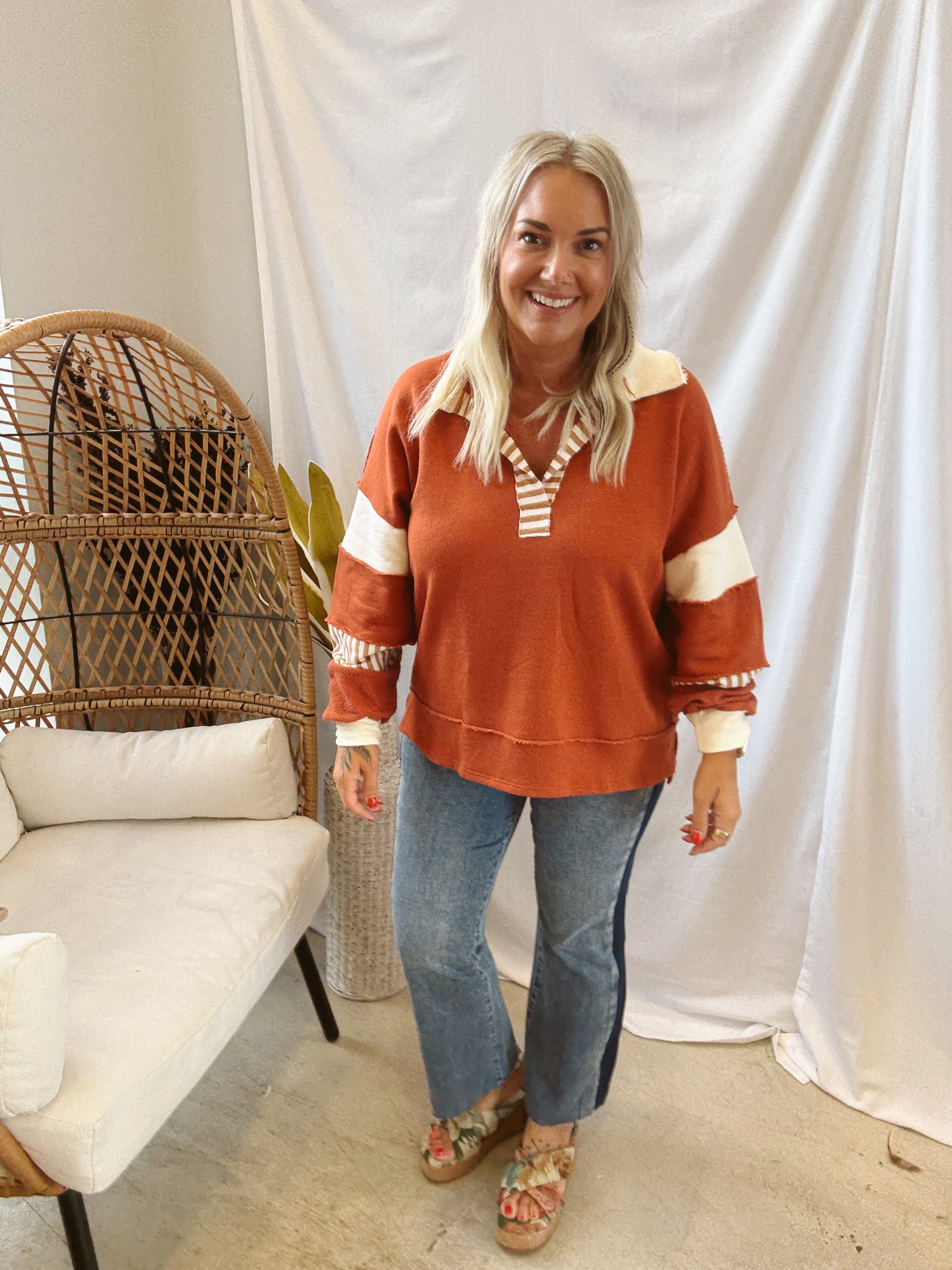 Rust Collared Oversized Sweatshirt-Long Sleeve Tops-bucketlist-The Silo Boutique, Women's Fashion Boutique Located in Warren and Grand Forks North Dakota
