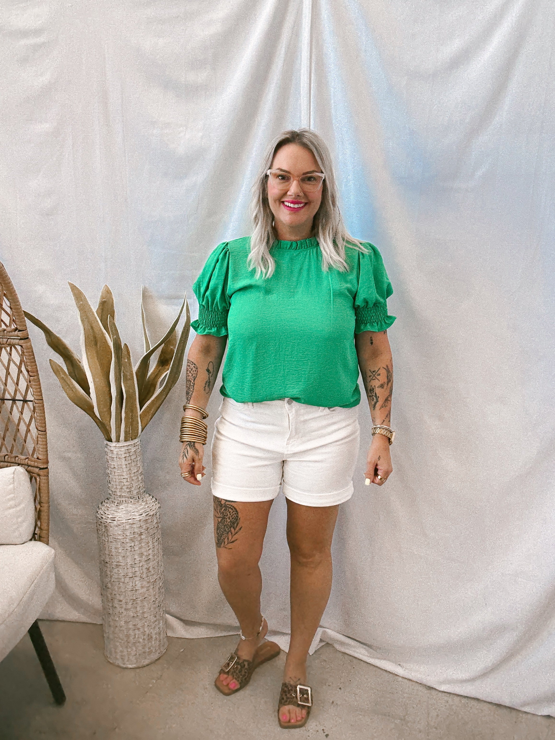 Leslie Solid Ruffle Neck Top-Green-Short Sleeve Tops-les amis-The Silo Boutique, Women's Fashion Boutique Located in Warren and Grand Forks North Dakota