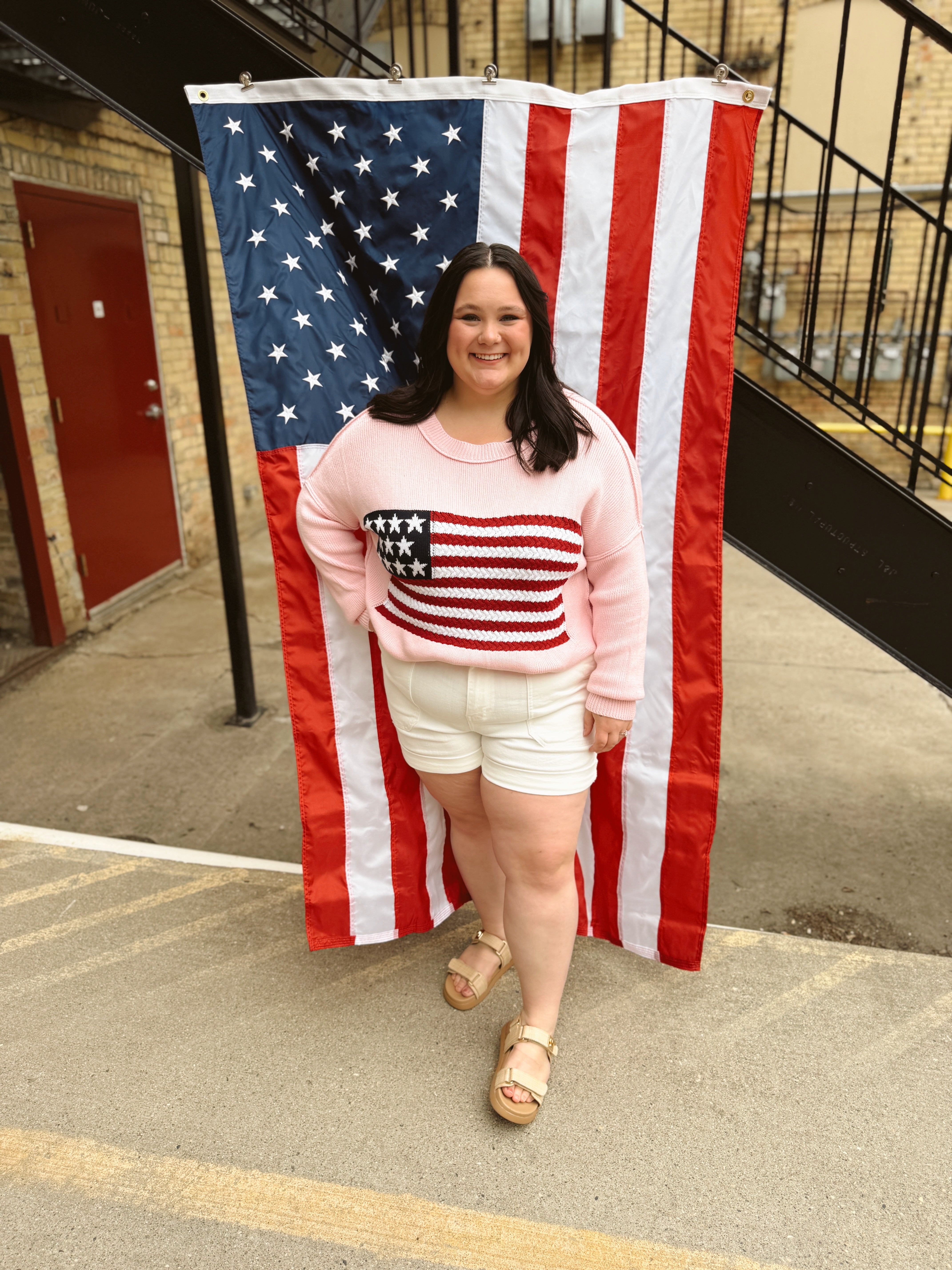 Pink Knit Flag Sweater-Sweaters-miracle-The Silo Boutique, Women's Fashion Boutique Located in Warren and Grand Forks North Dakota