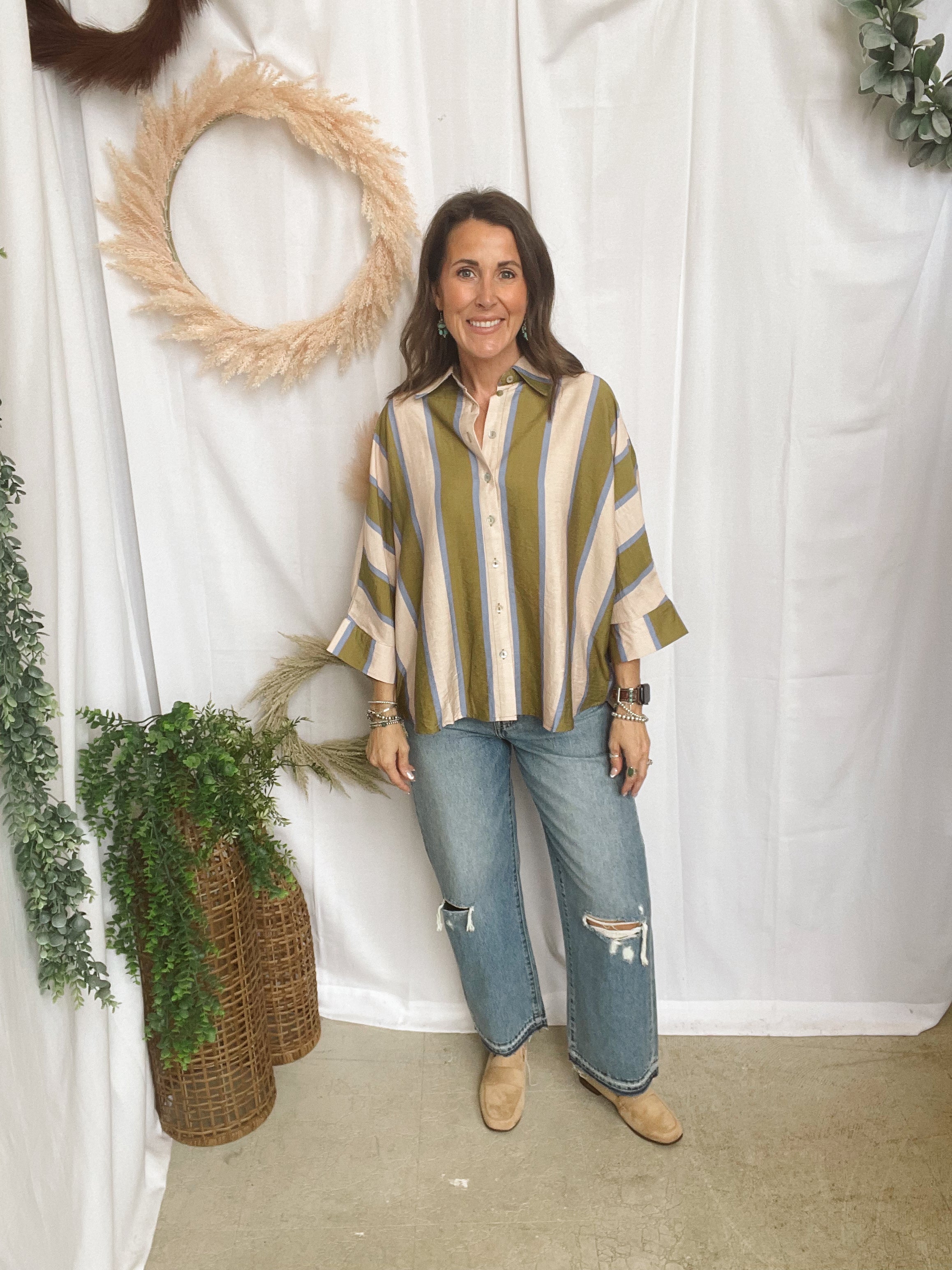 Ella Striped Top-Olive Blue-Short Sleeve Tops-ENTRO-The Silo Boutique, Women's Fashion Boutique Located in Warren and Grand Forks North Dakota