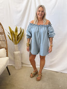 Off The Shoulder Denim Romper-Jumpsuits & Rompers-veveret-The Silo Boutique, Women's Fashion Boutique Located in Warren and Grand Forks North Dakota