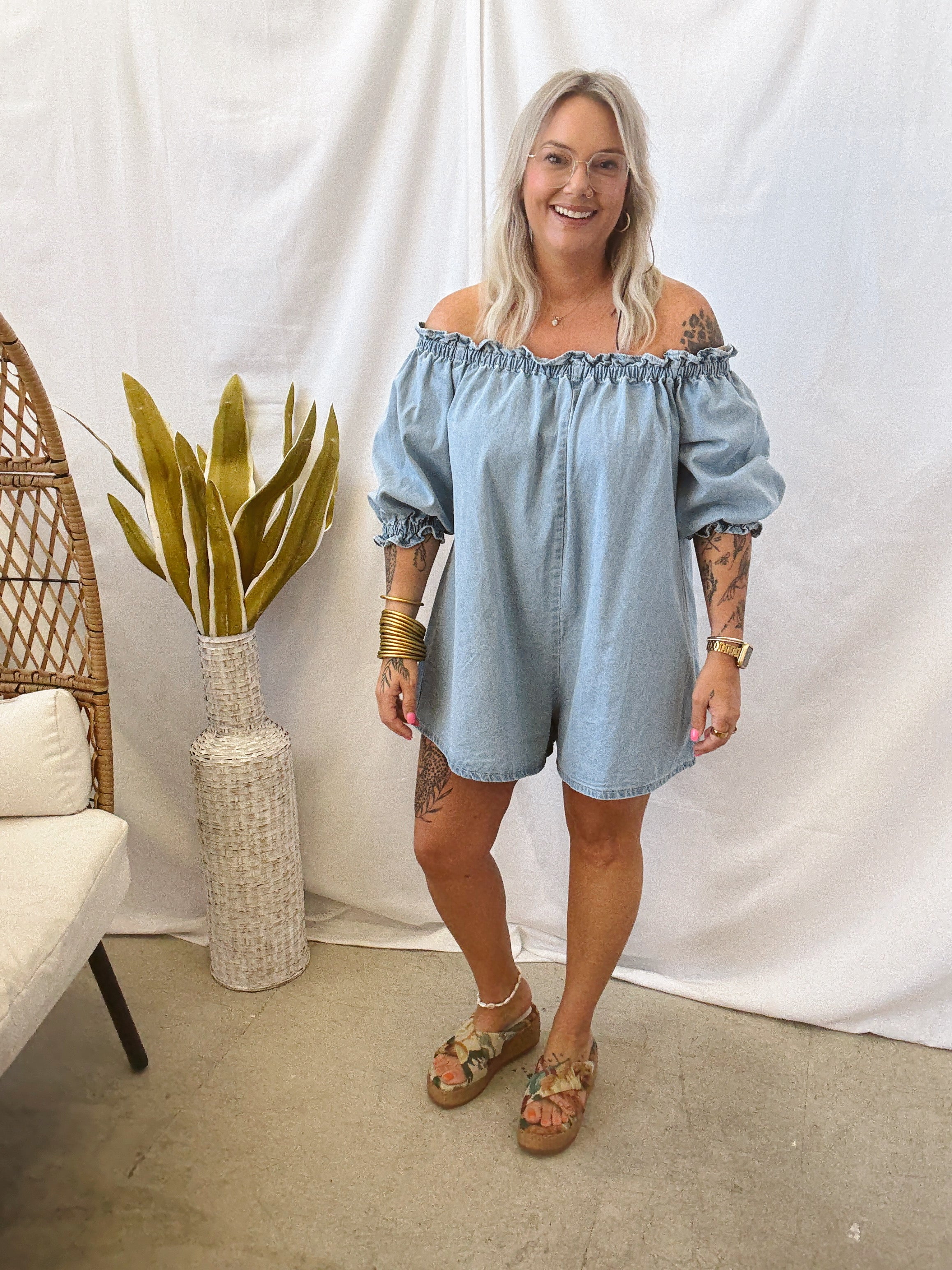 Off The Shoulder Denim Romper-Jumpsuits & Rompers-veveret-The Silo Boutique, Women's Fashion Boutique Located in Warren and Grand Forks North Dakota