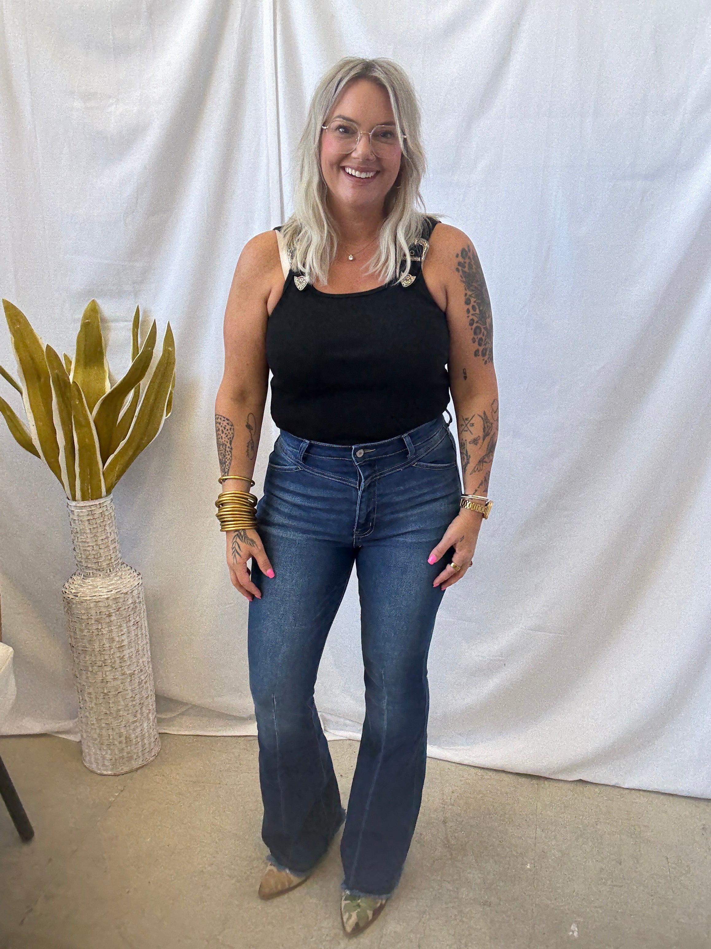 Ribbed Buckle Tank Top Bodysuit-Black-Tank Tops-blue B-The Silo Boutique, Women's Fashion Boutique Located in Warren and Grand Forks North Dakota