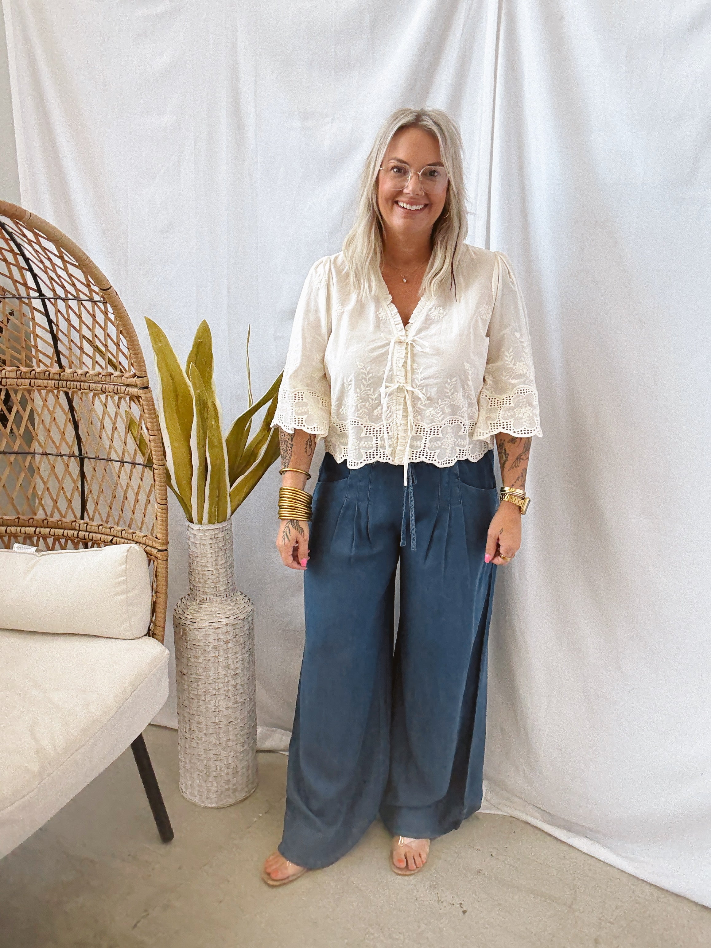Denim Blue Pintuck Pants-Jeans-ENTRO-The Silo Boutique, Women's Fashion Boutique Located in Warren and Grand Forks North Dakota