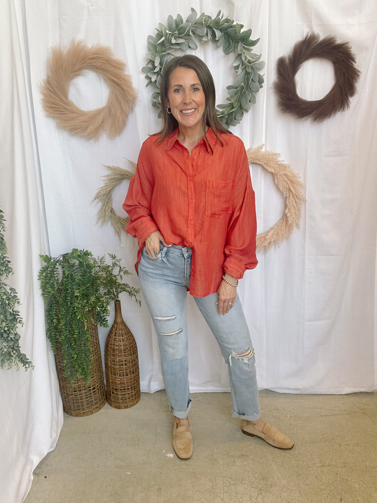 Soft Linen Blend Shirt-Scarlet-Long Sleeve Tops-cotierra-The Silo Boutique, Women's Fashion Boutique Located in Warren and Grand Forks North Dakota