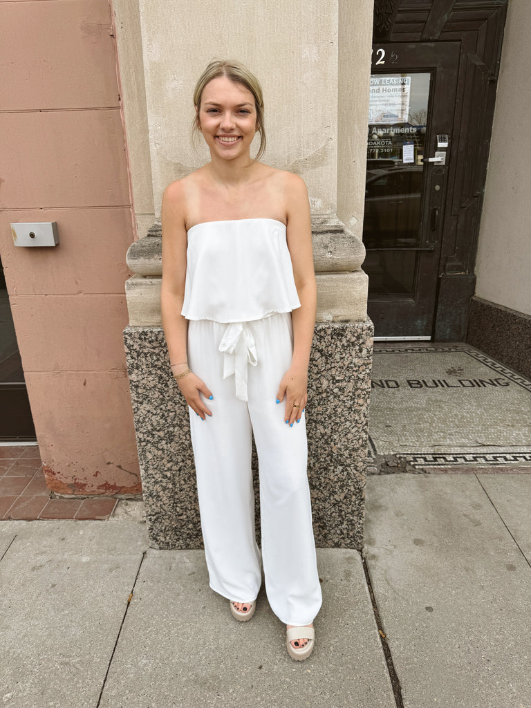 White Strapless Jumpsuit-Jumpsuits & Rompers-she and sky-The Silo Boutique, Women's Fashion Boutique Located in Warren and Grand Forks North Dakota