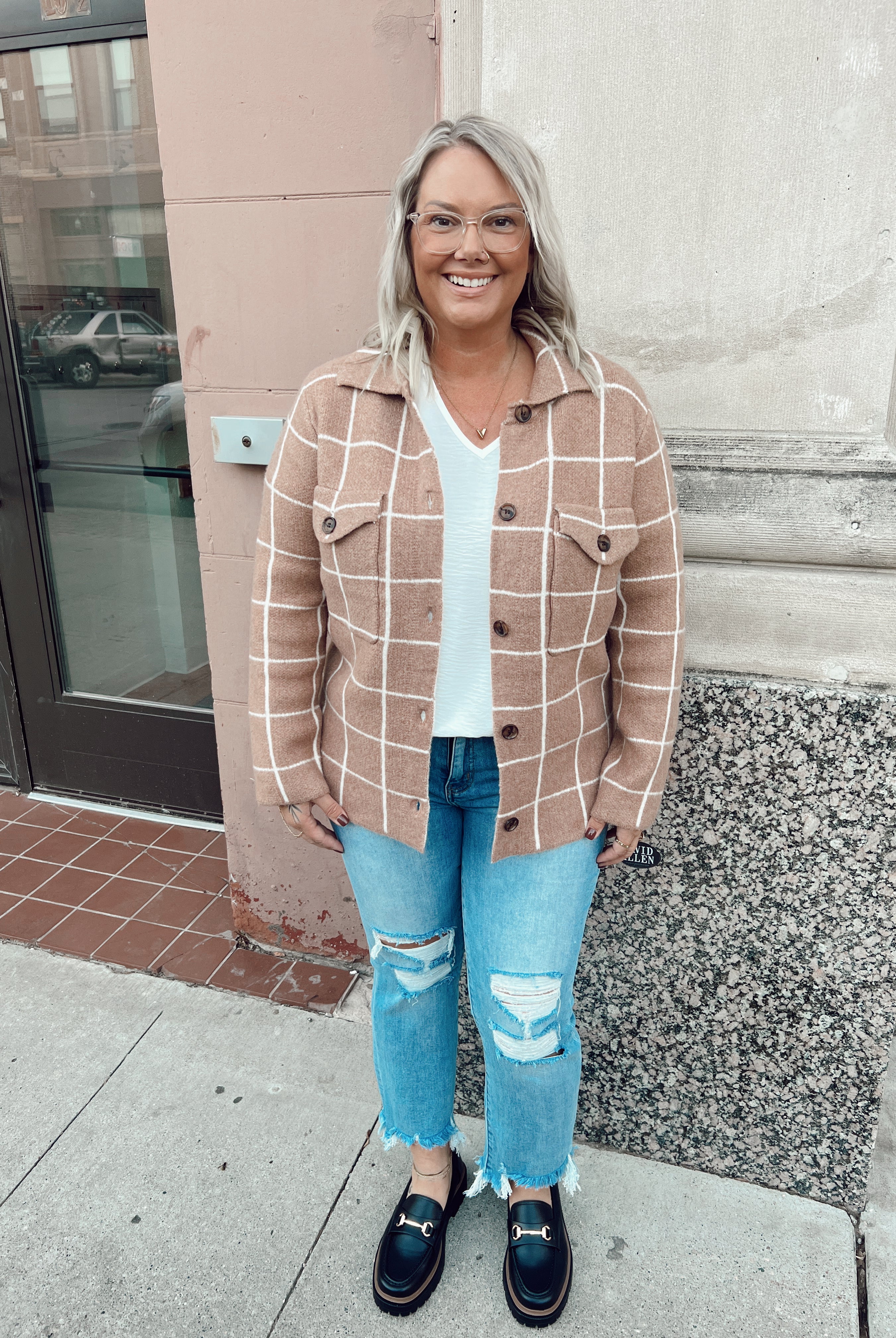 Camel Check Cozy Plaid Sweater Cardigan-Sweaters-stacatto-The Silo Boutique, Women's Fashion Boutique Located in Warren and Grand Forks North Dakota