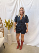 The Lovey Denim Romper-Dark Wash-Jumpsuits & Rompers-Umgee-The Silo Boutique, Women's Fashion Boutique Located in Warren and Grand Forks North Dakota