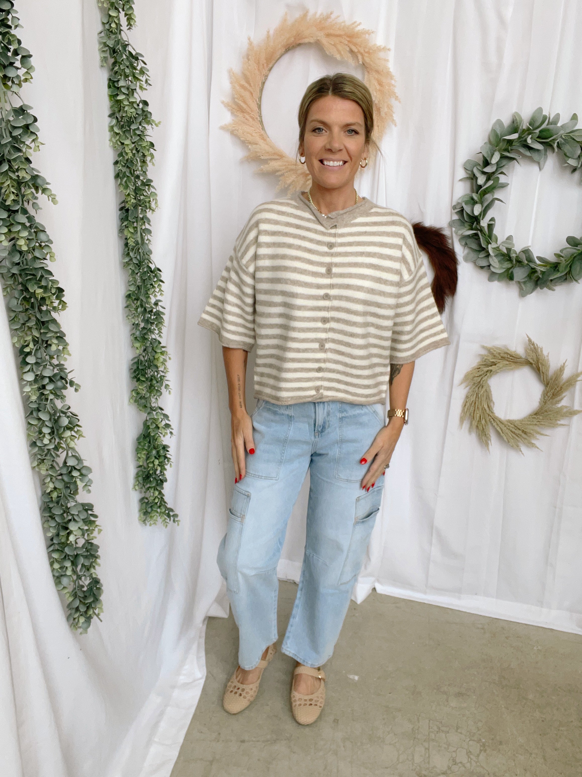 Kelsey Striped Cardigan Sweater-Taupe-Short Sleeve Tops-by together-The Silo Boutique, Women's Fashion Boutique Located in Warren and Grand Forks North Dakota