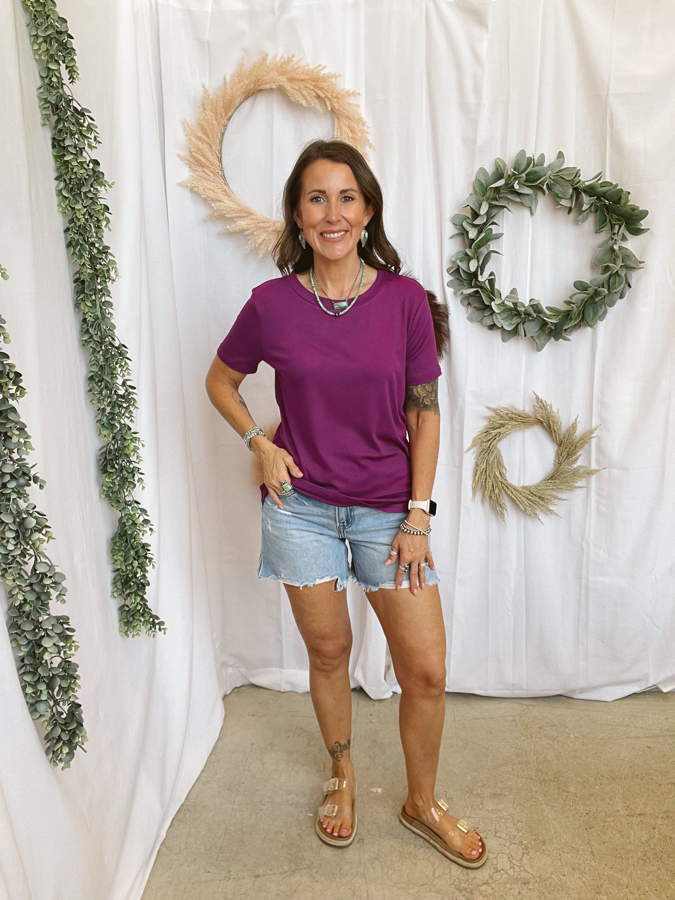 Bella Basic Round Neck Top-Magenta-Short Sleeve Tops-staccato-The Silo Boutique, Women's Fashion Boutique Located in Warren and Grand Forks North Dakota