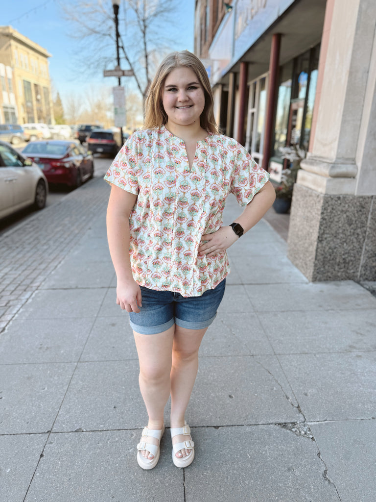 Minted Playful Print Top-Short Sleeve Tops-ENTRO-The Silo Boutique, Women's Fashion Boutique Located in Warren and Grand Forks North Dakota
