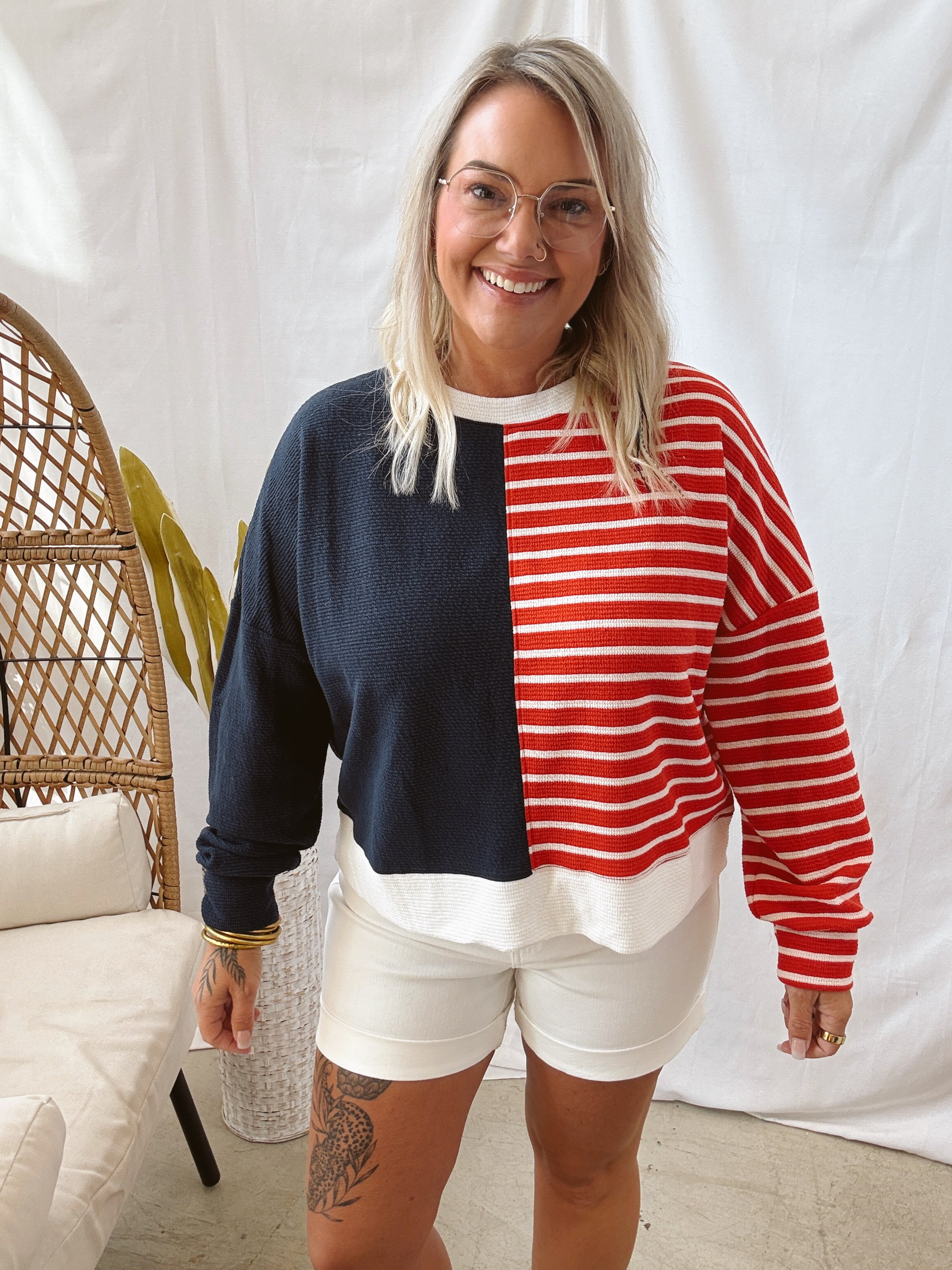 Cloudy Knit America Sweatshirt-Sweatshirts-tres bien-The Silo Boutique, Women's Fashion Boutique Located in Warren and Grand Forks North Dakota