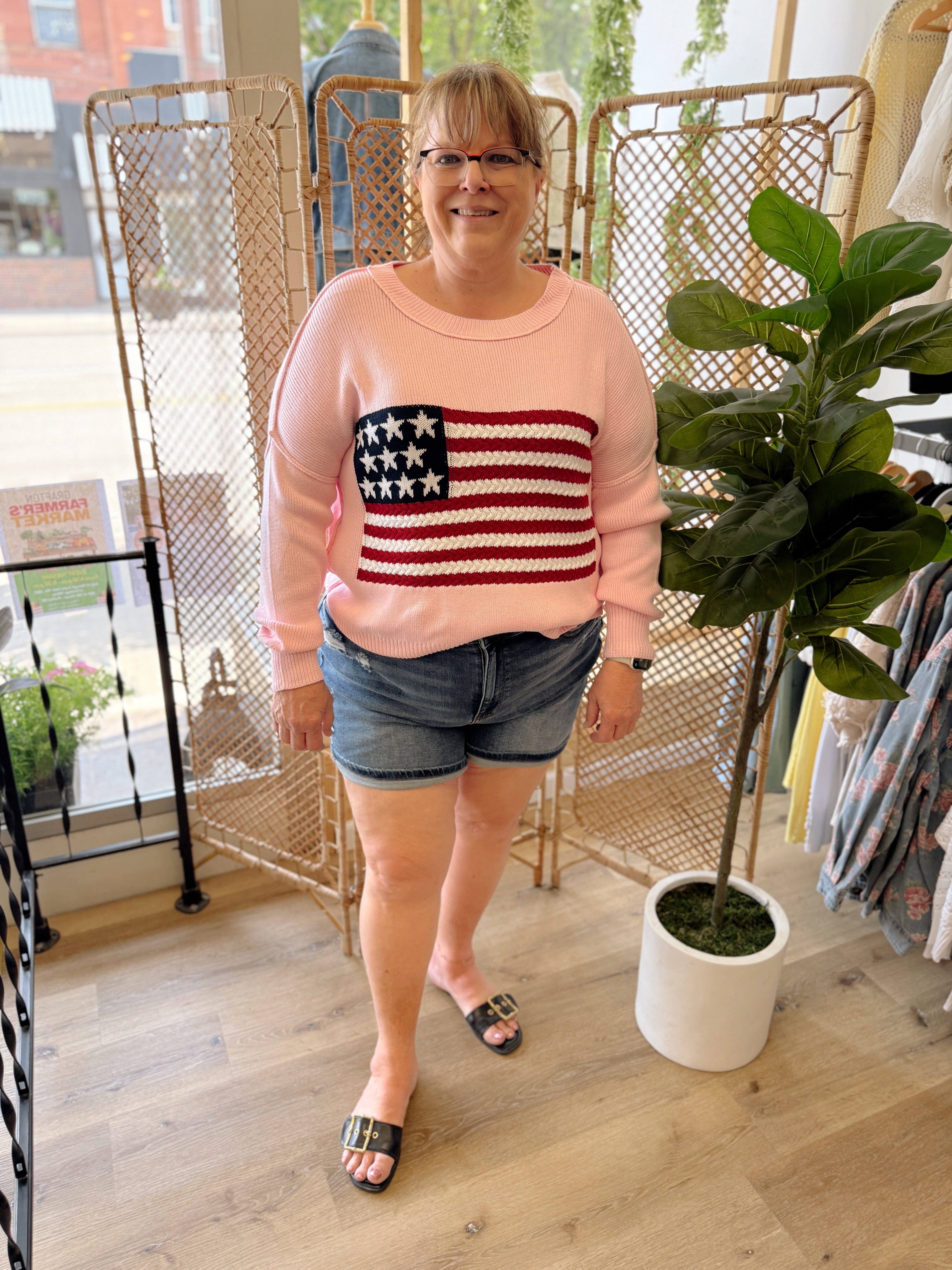 Pink Knit Flag Sweater-Sweaters-miracle-The Silo Boutique, Women's Fashion Boutique Located in Warren and Grand Forks North Dakota