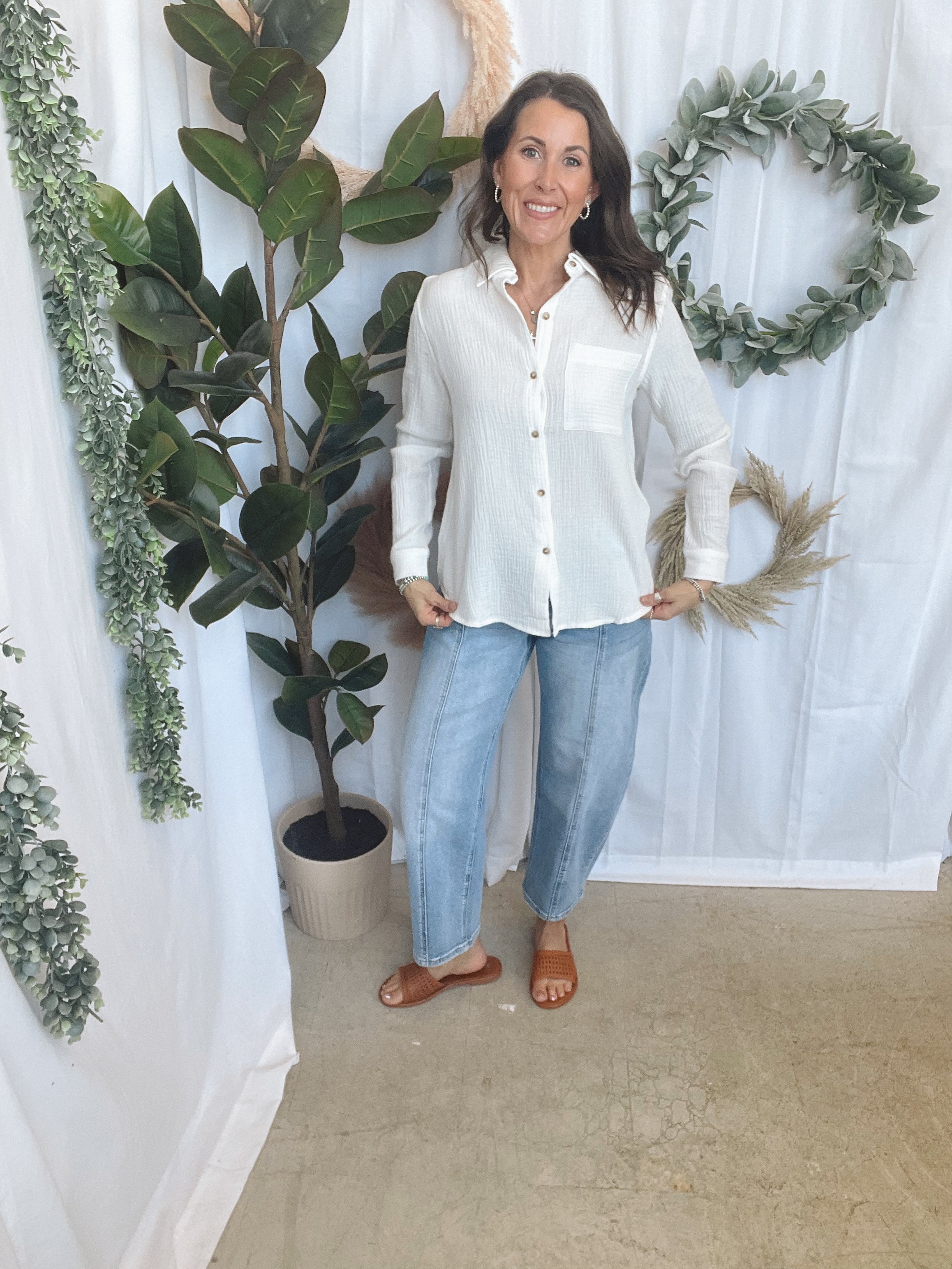White Textured Linen Button Down Top-Long Sleeve Tops-cozy co-The Silo Boutique, Women's Fashion Boutique Located in Warren and Grand Forks North Dakota