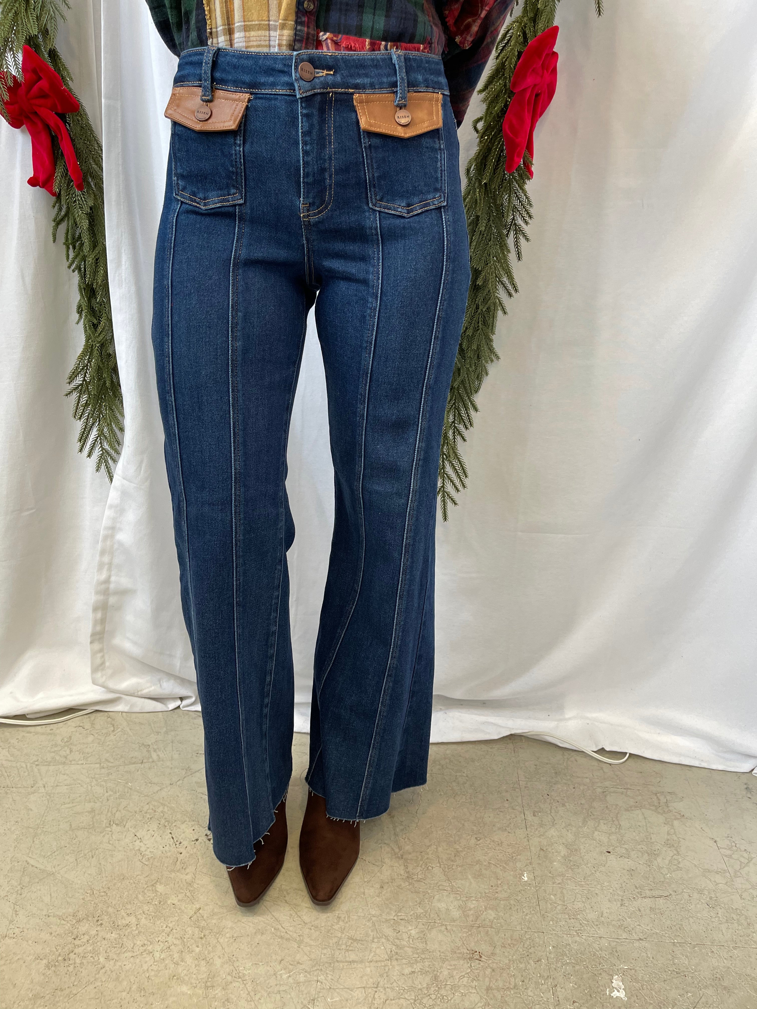 Risen Dark Flare Front Leather Pocket Jeans-Final Sale-Jeans-risen-The Silo Boutique, Women's Fashion Boutique Located in Warren and Grand Forks North Dakota