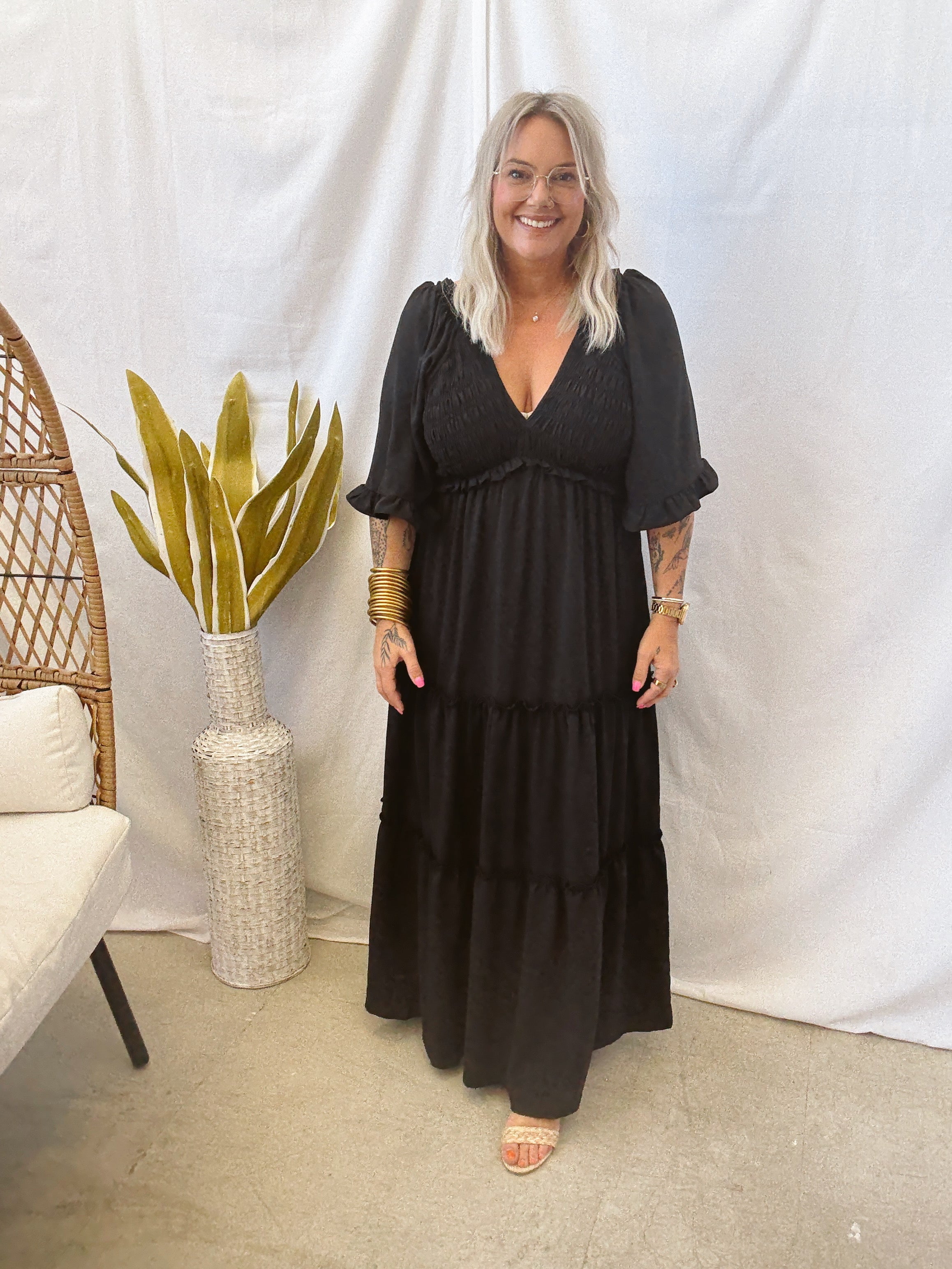 V Neck Tiered Dress-Black-Dresses-she and sky-The Silo Boutique, Women's Fashion Boutique Located in Warren and Grand Forks North Dakota