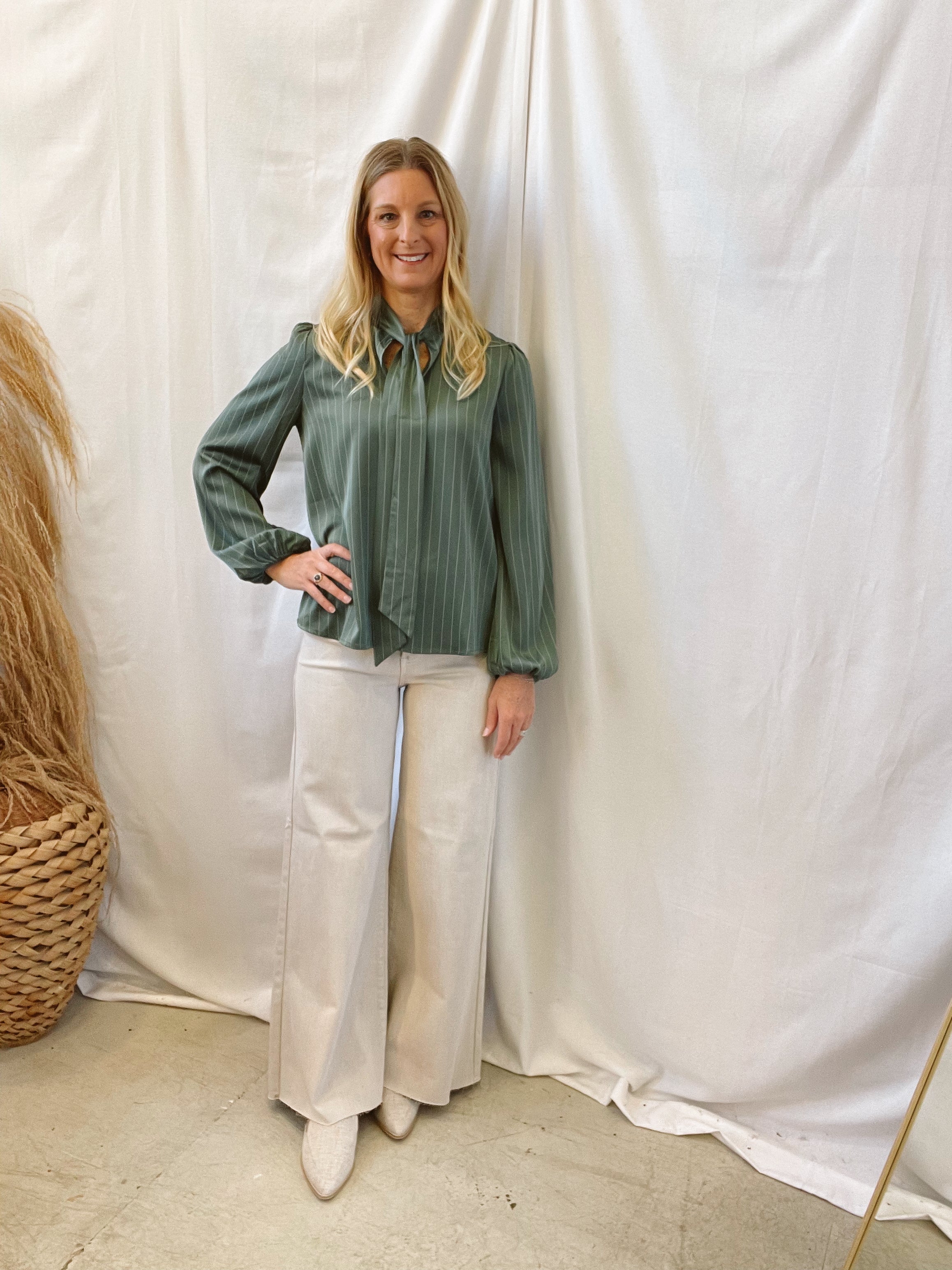 Teal Blue Ribbon Stripe Top-Long Sleeve Tops-mystree-The Silo Boutique, Women's Fashion Boutique Located in Warren and Grand Forks North Dakota