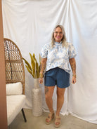 Blue Chic Floral Top-Short Sleeve Tops-Umgee-The Silo Boutique, Women's Fashion Boutique Located in Warren and Grand Forks North Dakota