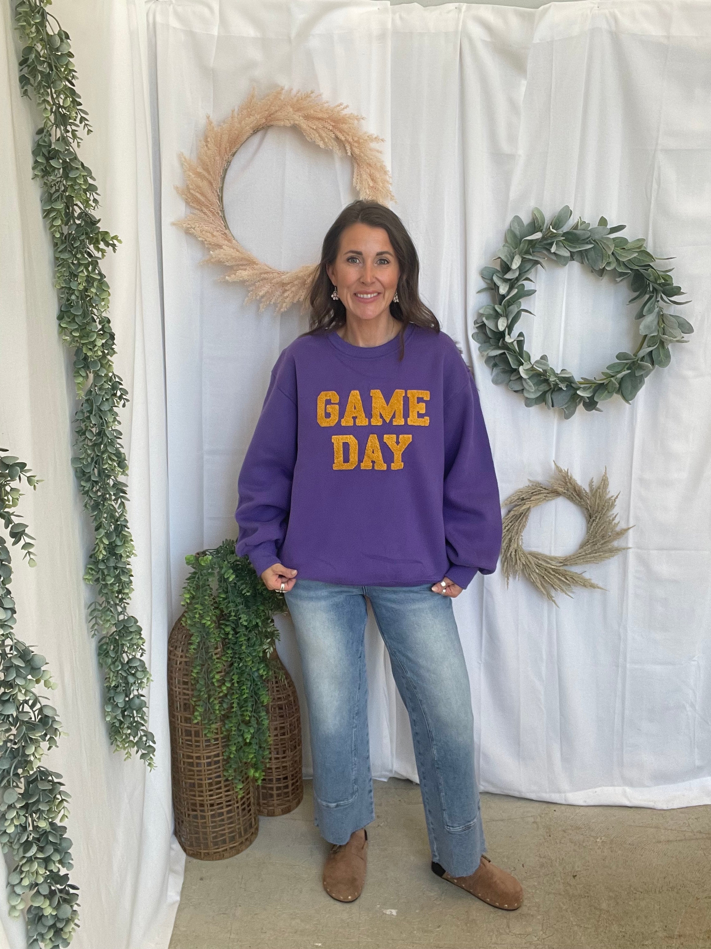 Purple and Yellow Game Day Sweatshirt-Long Sleeve Tops-panache-The Silo Boutique, Women's Fashion Boutique Located in Warren and Grand Forks North Dakota