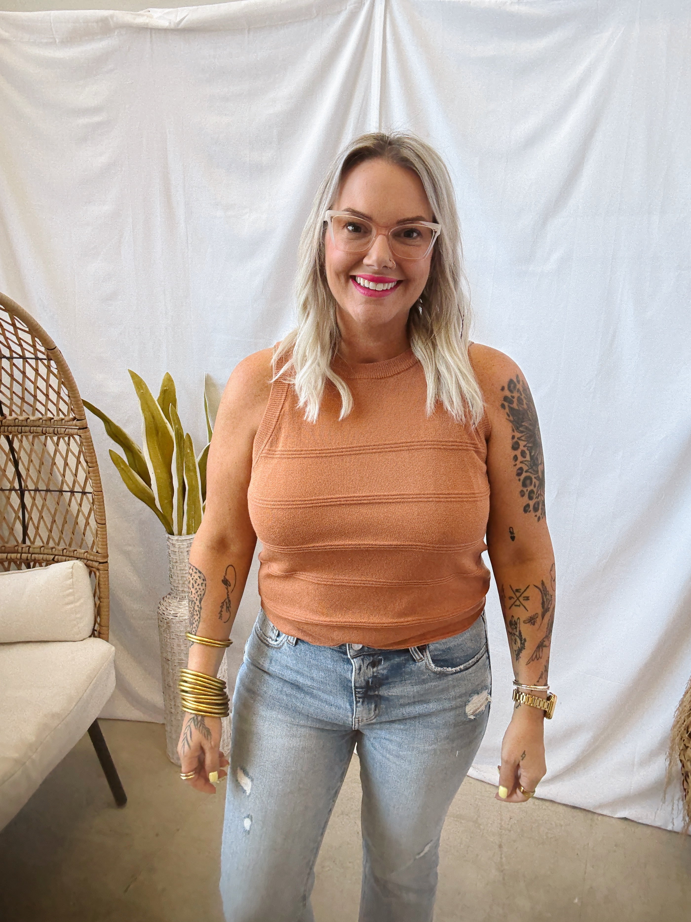 Camel Textured Tank Top-Short Sleeve Tops-staccato-The Silo Boutique, Women's Fashion Boutique Located in Warren and Grand Forks North Dakota