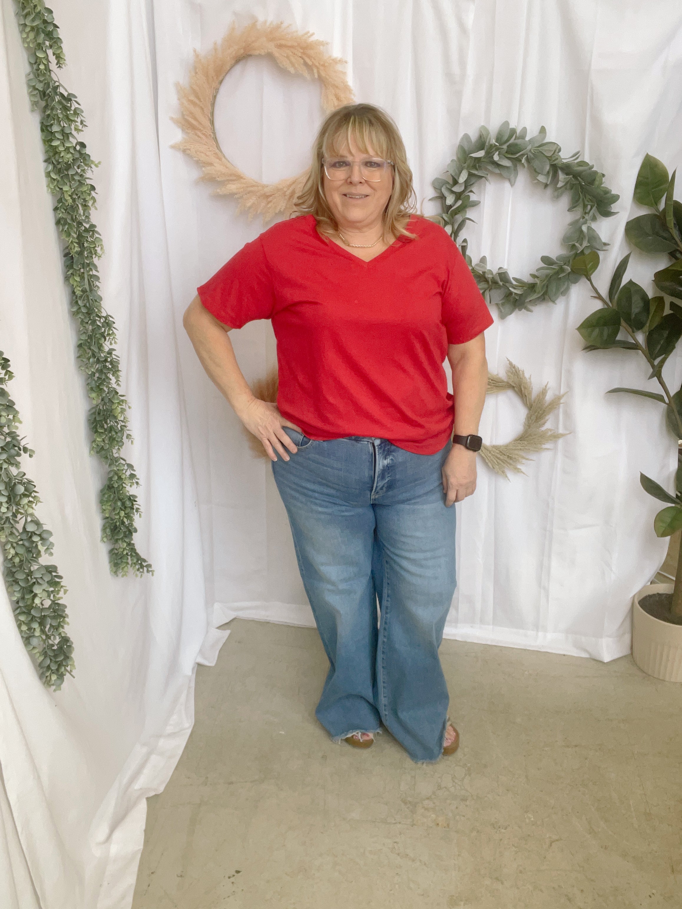 Bobbi V Neck Tee-Red-Short Sleeve Tops-Zenana-The Silo Boutique, Women's Fashion Boutique Located in Warren and Grand Forks North Dakota