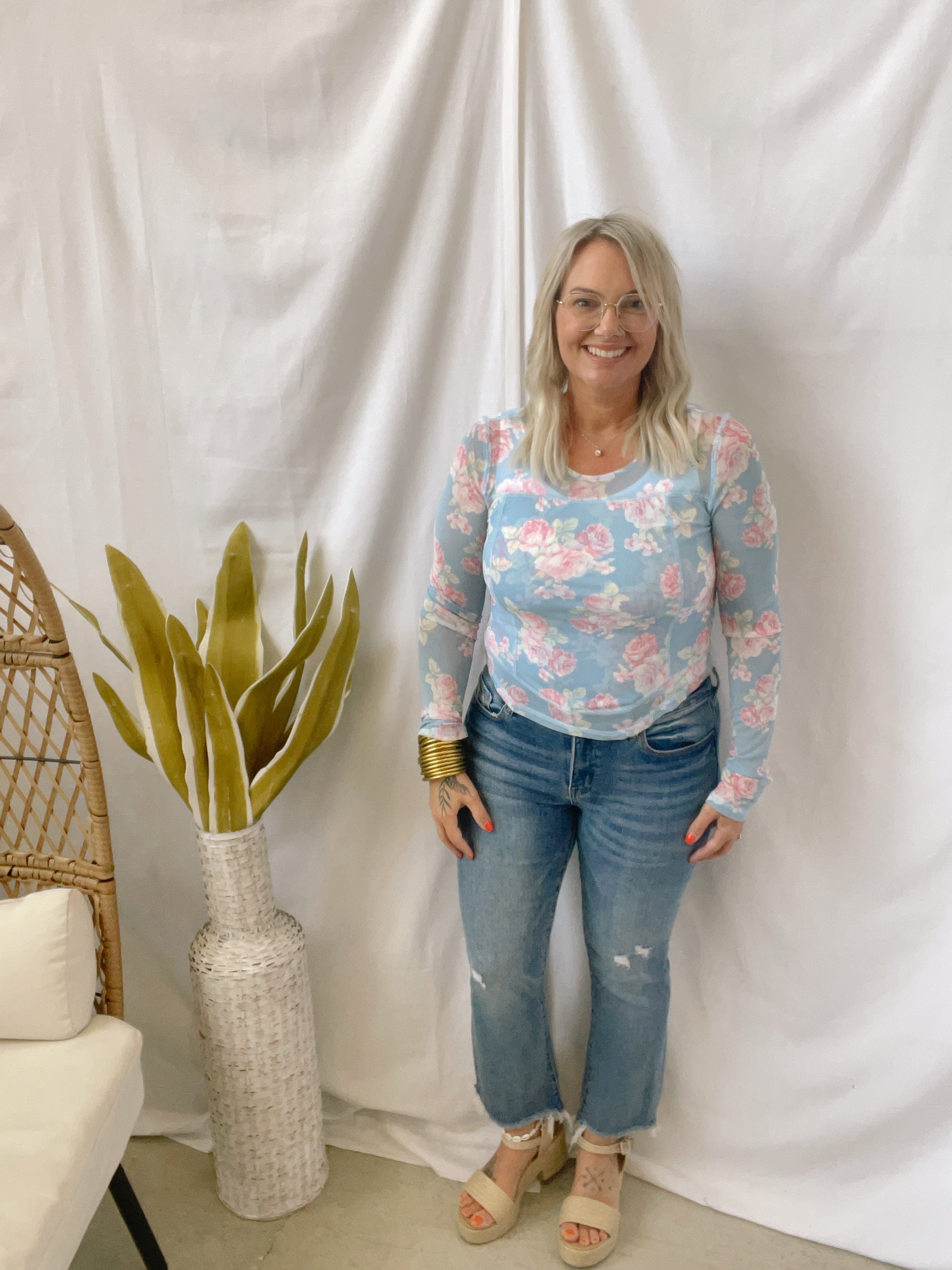 Light Blue and Pink Floral Mesh Long Sleeve Top-Long Sleeve Tops-listicle-The Silo Boutique, Women's Fashion Boutique Located in Warren and Grand Forks North Dakota