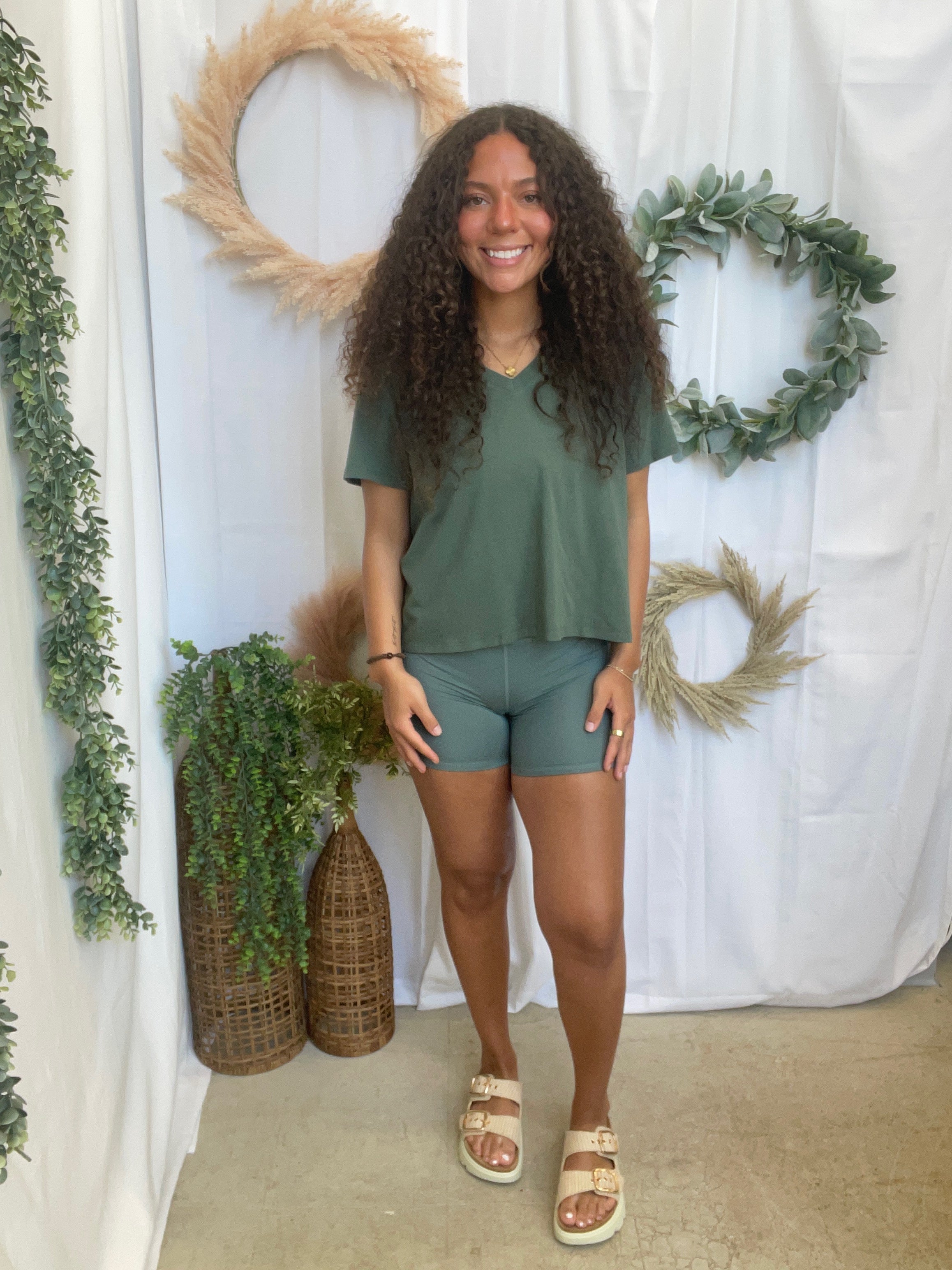 Mono B Pima V Neck Top-Pine-Short Sleeve Tops-mono b-The Silo Boutique, Women's Fashion Boutique Located in Warren and Grand Forks North Dakota