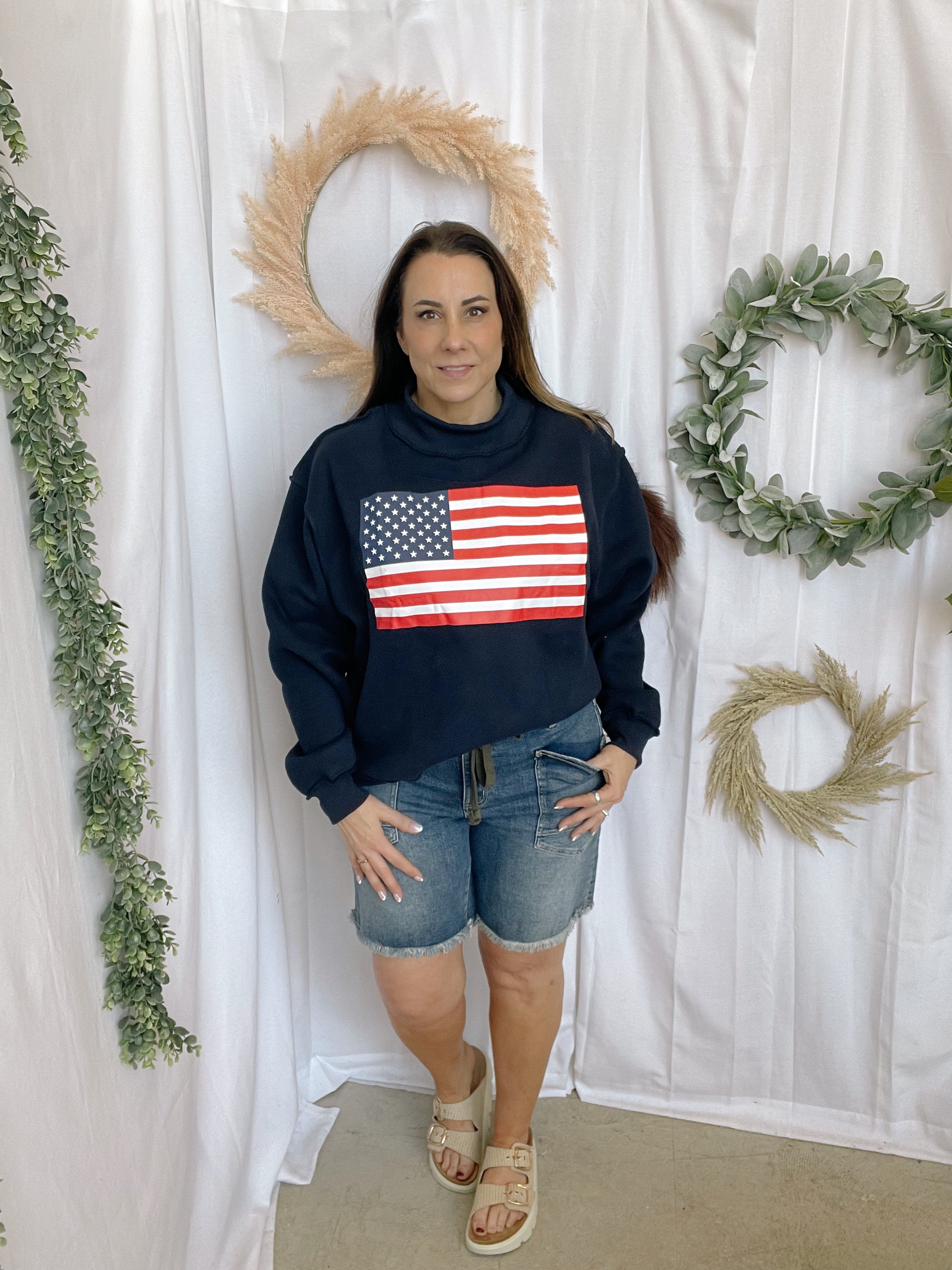 Bucketlist Flag/USA Reversible Sweatshirt-Navy-Sweatshirts-bucketlist-The Silo Boutique, Women's Fashion Boutique Located in Warren and Grand Forks North Dakota