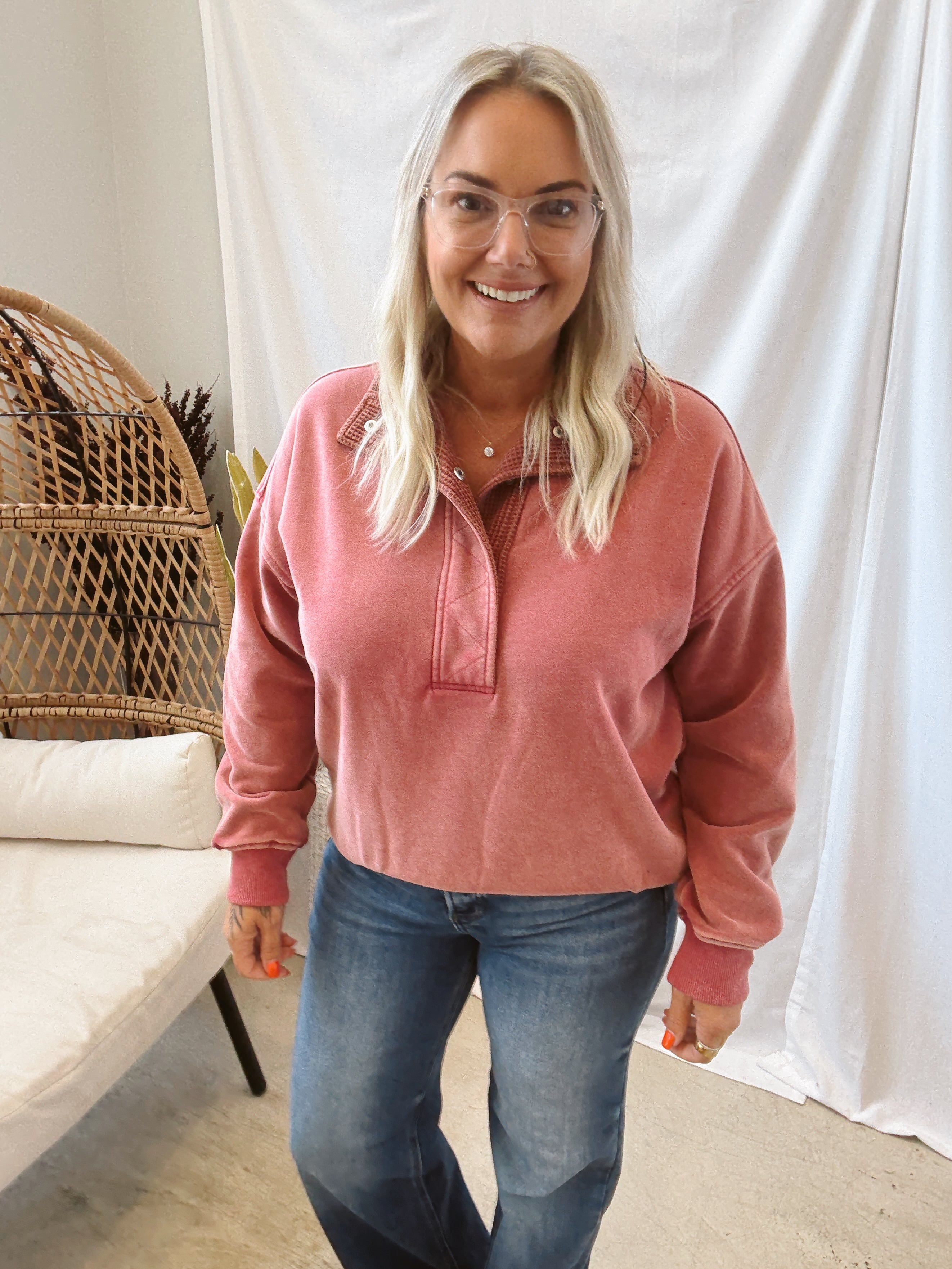 Vintage Red Waffle Mix Quarter Pullover Sweatshirt-Sweatshirts-hem and thread-The Silo Boutique, Women's Fashion Boutique Located in Warren and Grand Forks North Dakota