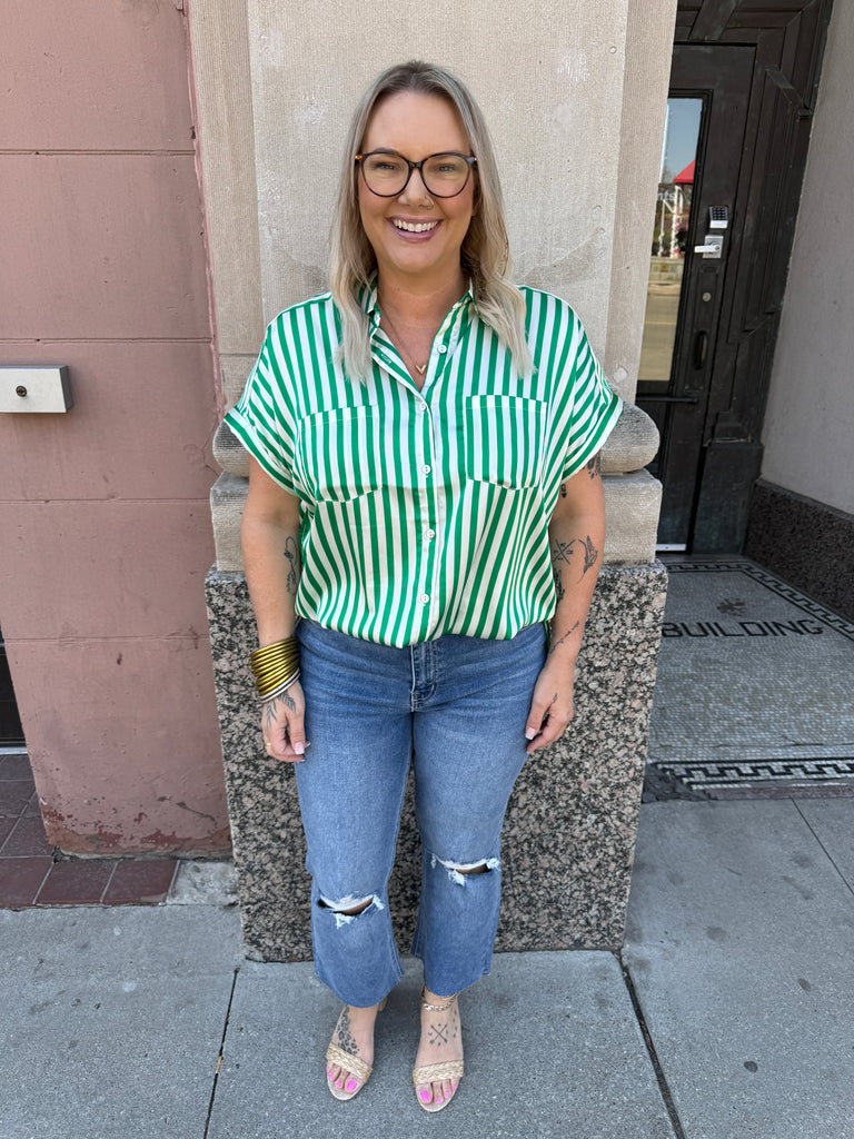 Green Striped Button Down Short Sleeve Top-Short Sleeve Tops-entro-The Silo Boutique, Women's Fashion Boutique Located in Warren and Grand Forks North Dakota