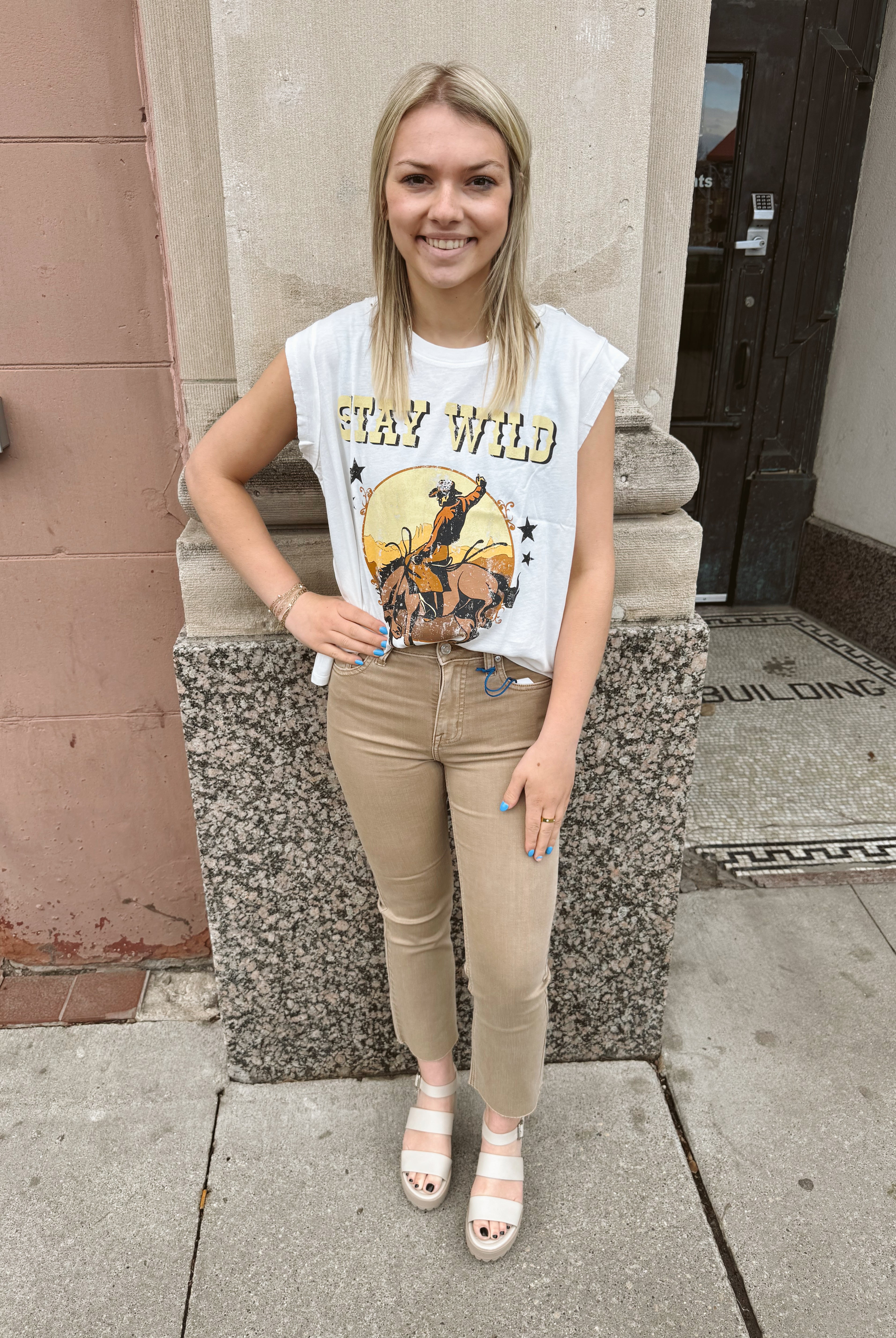Stay Wild Cowboy Sleeveless Graphic Print Tee-Tank Tops-promesa-The Silo Boutique, Women's Fashion Boutique Located in Warren and Grand Forks North Dakota